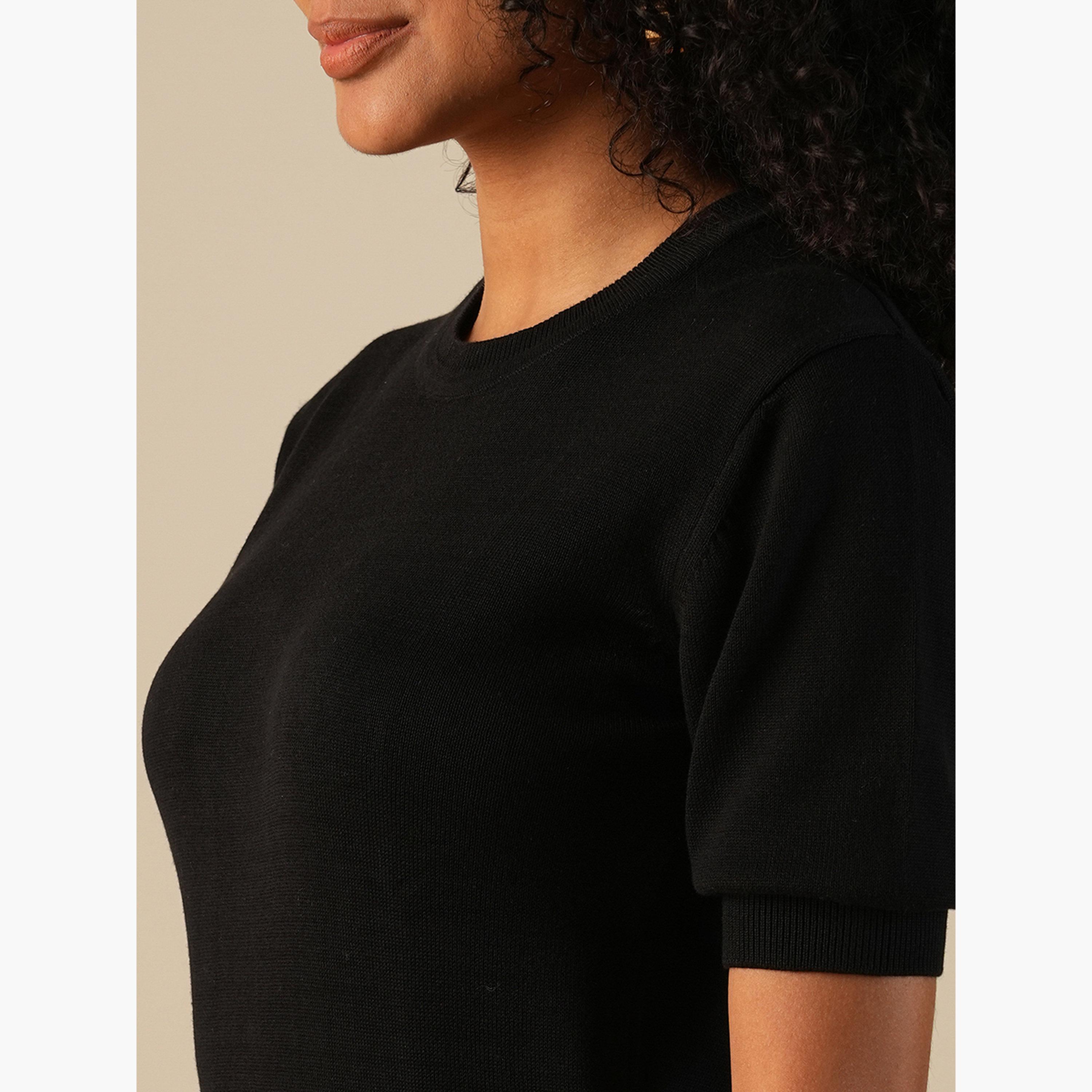 غلوبوص × ستايلي - سترة نسائية سوداء محبوكة برقبة دائرية وأكمام قصيرة-women-clothing-hoodiesandsweatshirts-sweatshirts-image-5