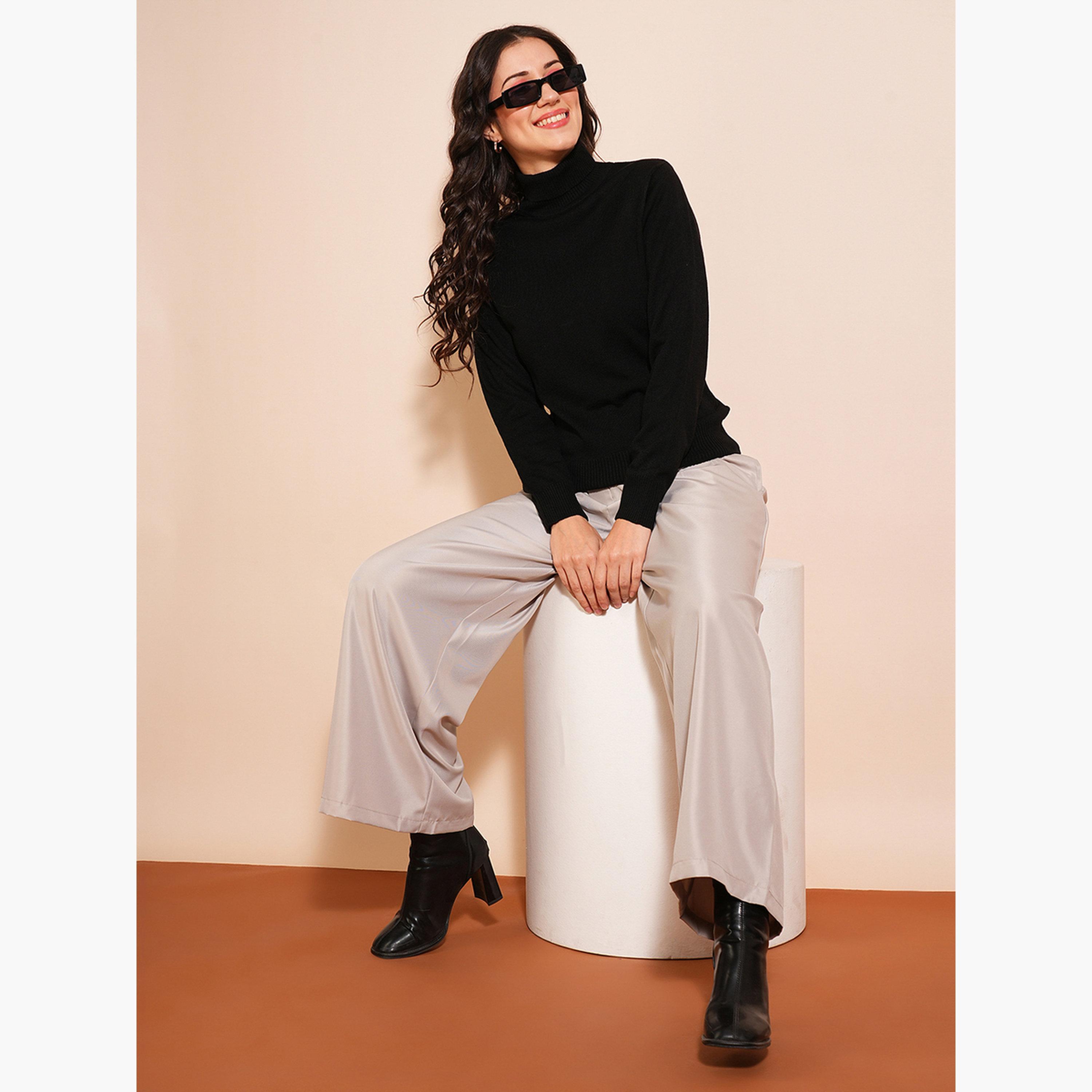 غلوبوص × ستايلي - سترة نسائية سوداء سادة بأكمام طويلة رقبة سلحفاة-women-winterwear-cardigansandjumpers-jumpers-image-2