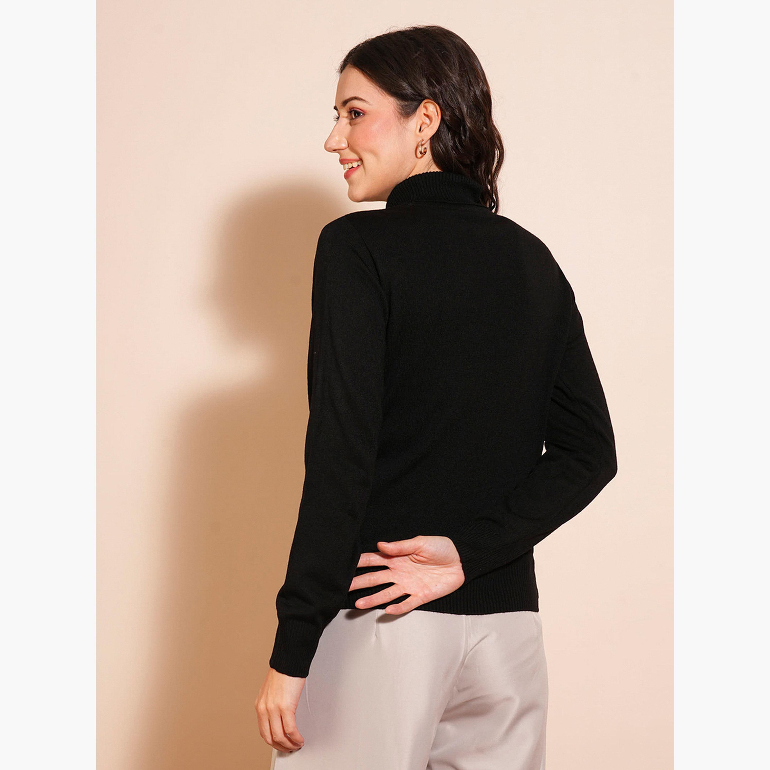 غلوبوص × ستايلي - سترة نسائية سوداء سادة بأكمام طويلة رقبة سلحفاة-women-winterwear-cardigansandjumpers-jumpers-image-3