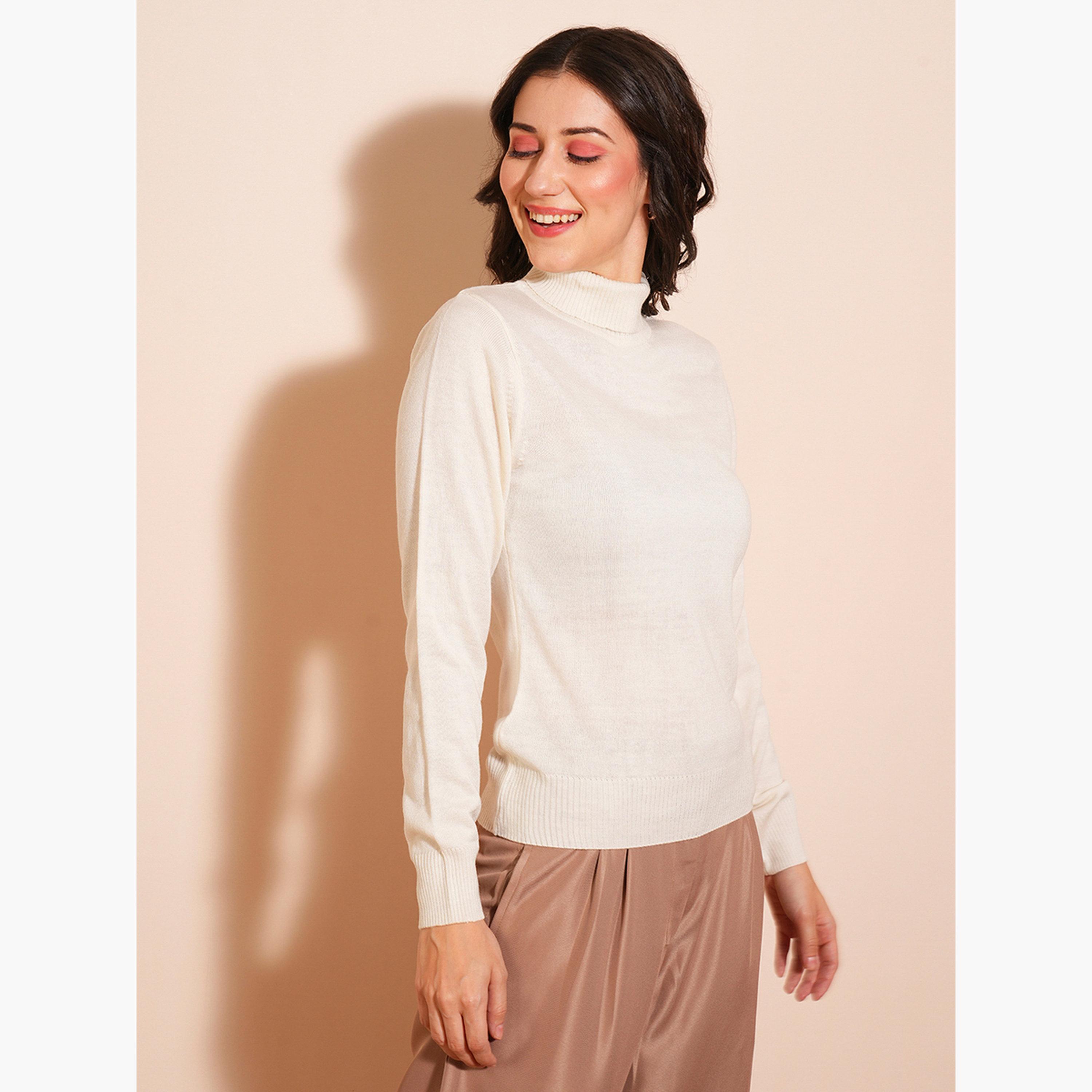 Globus X Styli Off-White Solid Turtle Neck Long Sleeves Women's Sweater-women-winterwear-cardigansandjumpers-jumpers-image-1