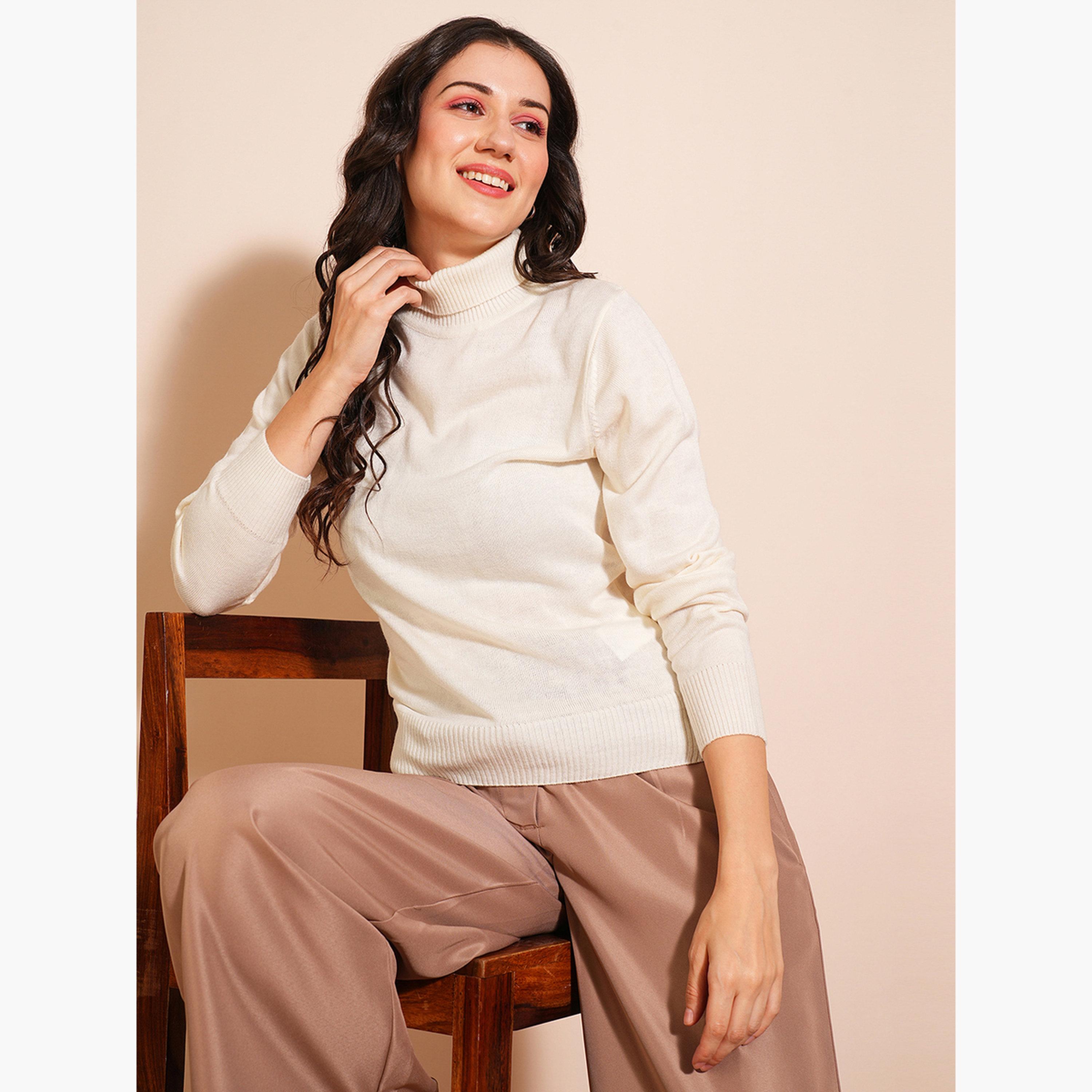 Globus X Styli Off-White Solid Turtle Neck Long Sleeves Women's Sweater-women-winterwear-cardigansandjumpers-jumpers-image-4