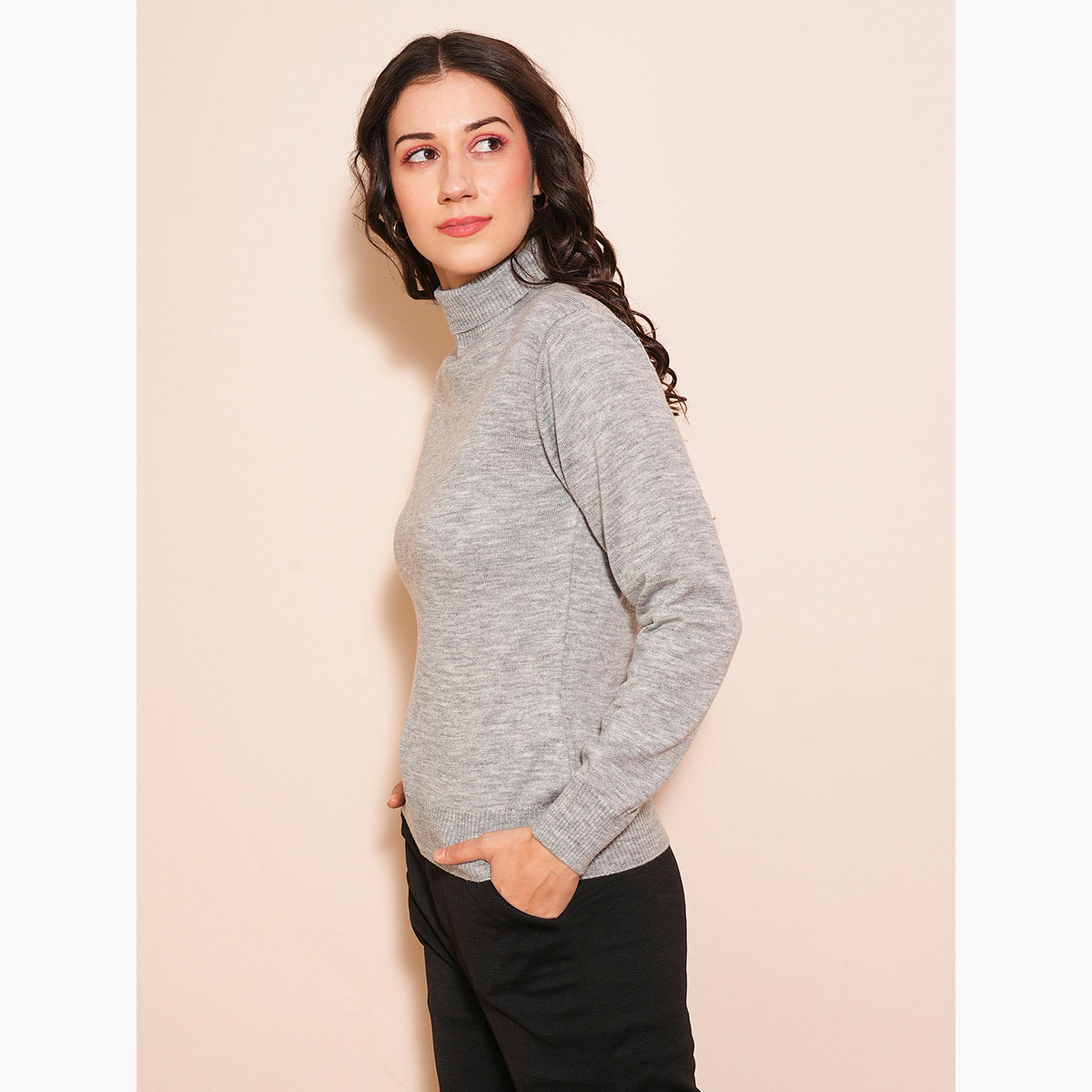 Globus X Styli Grey Melange Solid Turtle Neck Long Sleeves Women's Sweater-women-winterwear-cardigansandjumpers-jumpers-image-1