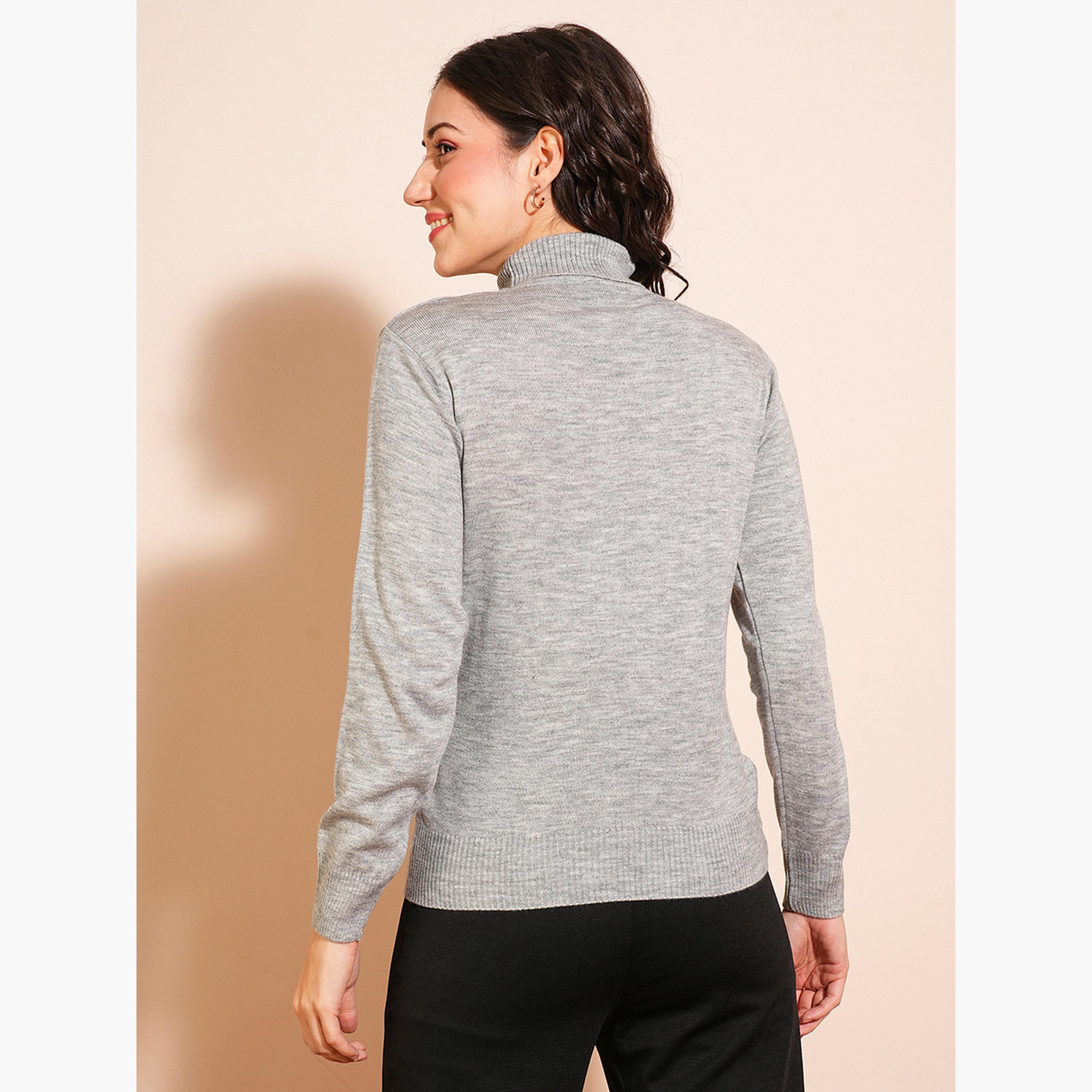 Globus X Styli Grey Melange Solid Turtle Neck Long Sleeves Women's Sweater-women-winterwear-cardigansandjumpers-jumpers-image-3