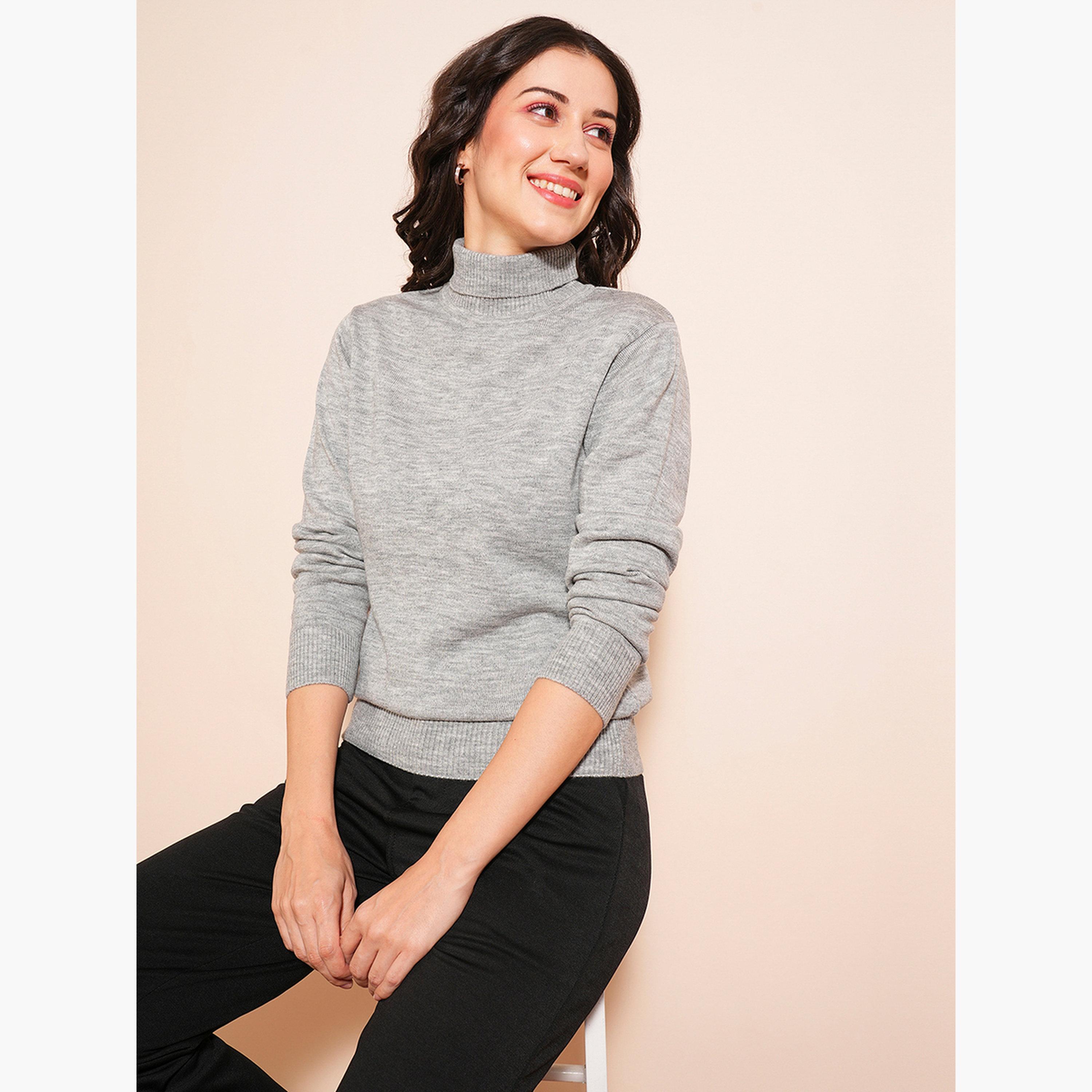 Globus X Styli Grey Melange Solid Turtle Neck Long Sleeves Women's Sweater-women-winterwear-cardigansandjumpers-jumpers-image-4