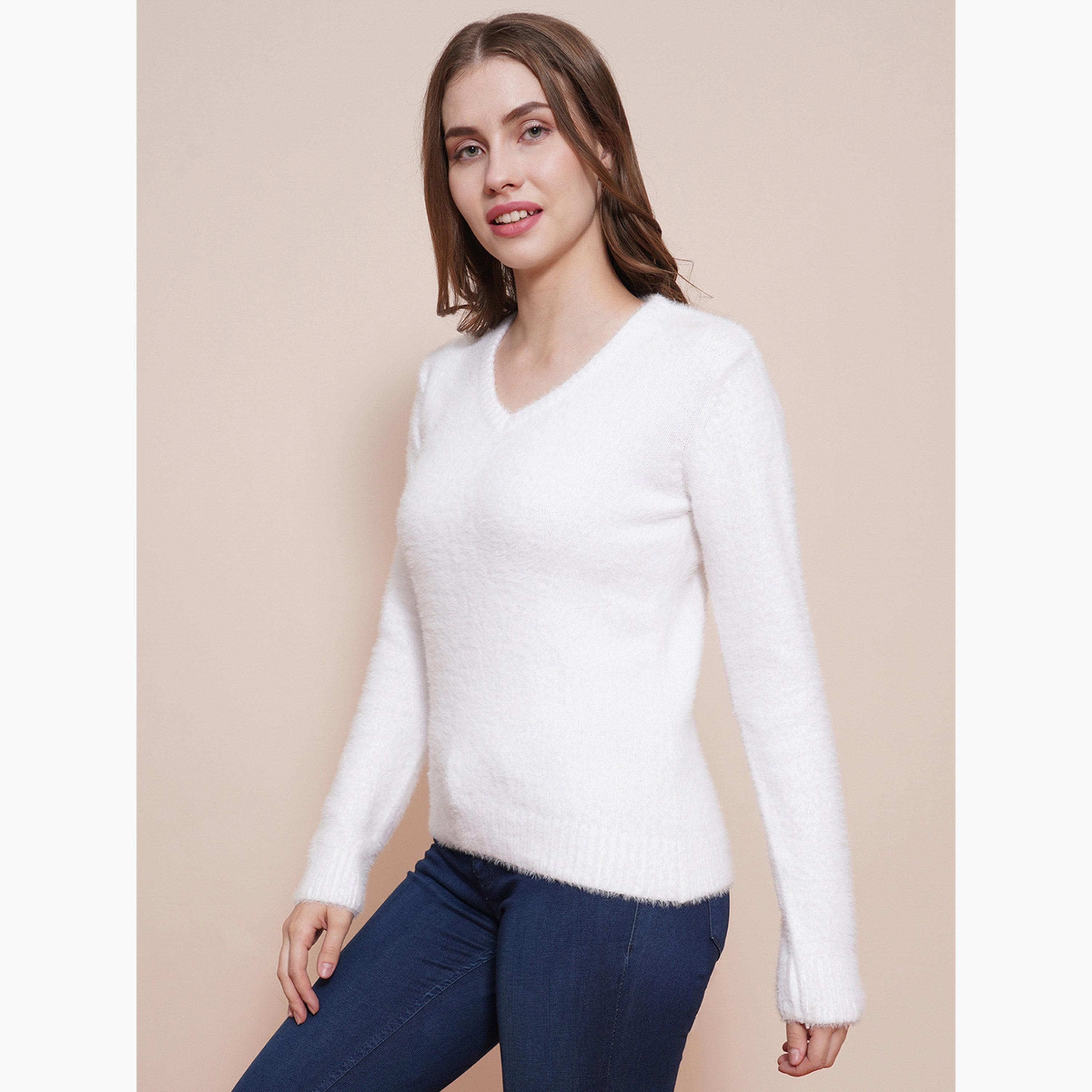 Globus X Styli White Ribbed Knitted V-Neck Long Sleeves Women's Sweater-women-winterwear-cardigansandjumpers-jumpers-image-1
