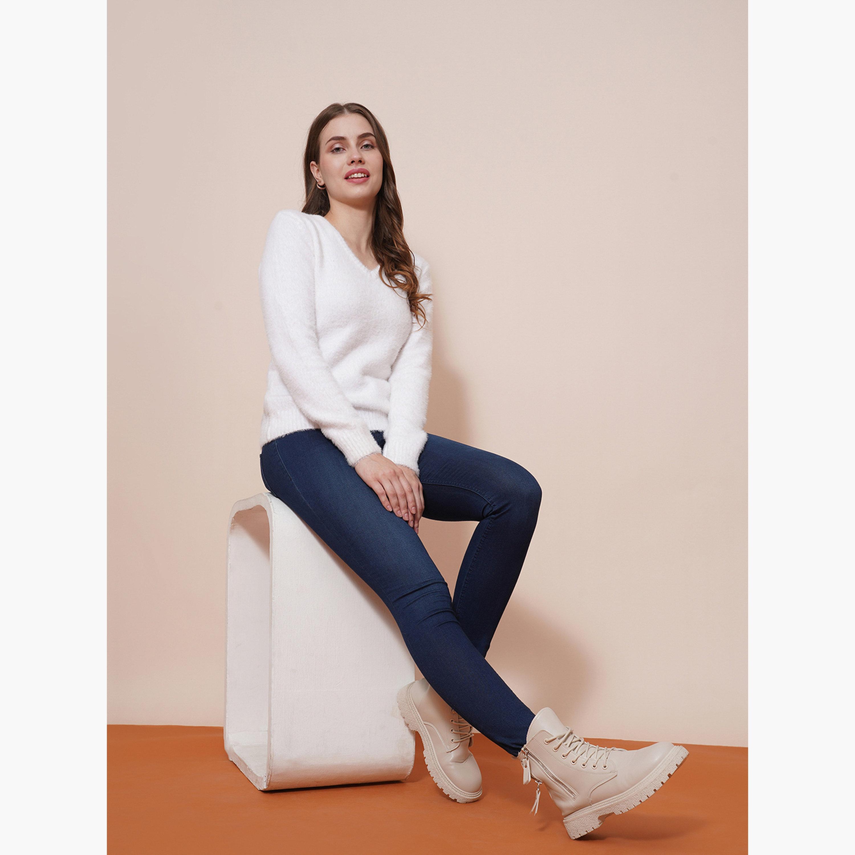 Globus X Styli White Ribbed Knitted V-Neck Long Sleeves Women's Sweater-women-winterwear-cardigansandjumpers-jumpers-image-2
