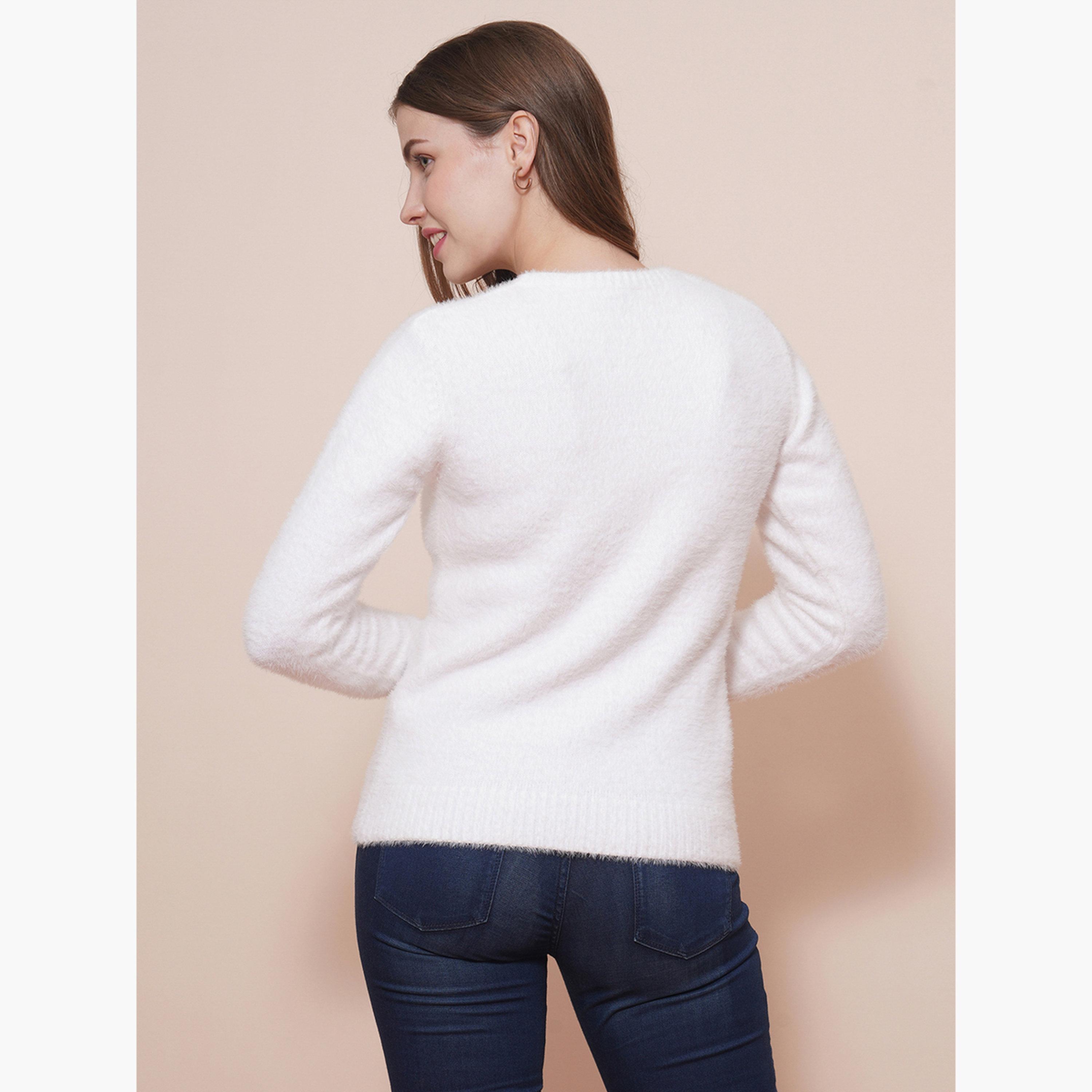 Globus X Styli White Ribbed Knitted V-Neck Long Sleeves Women's Sweater-women-winterwear-cardigansandjumpers-jumpers-image-3