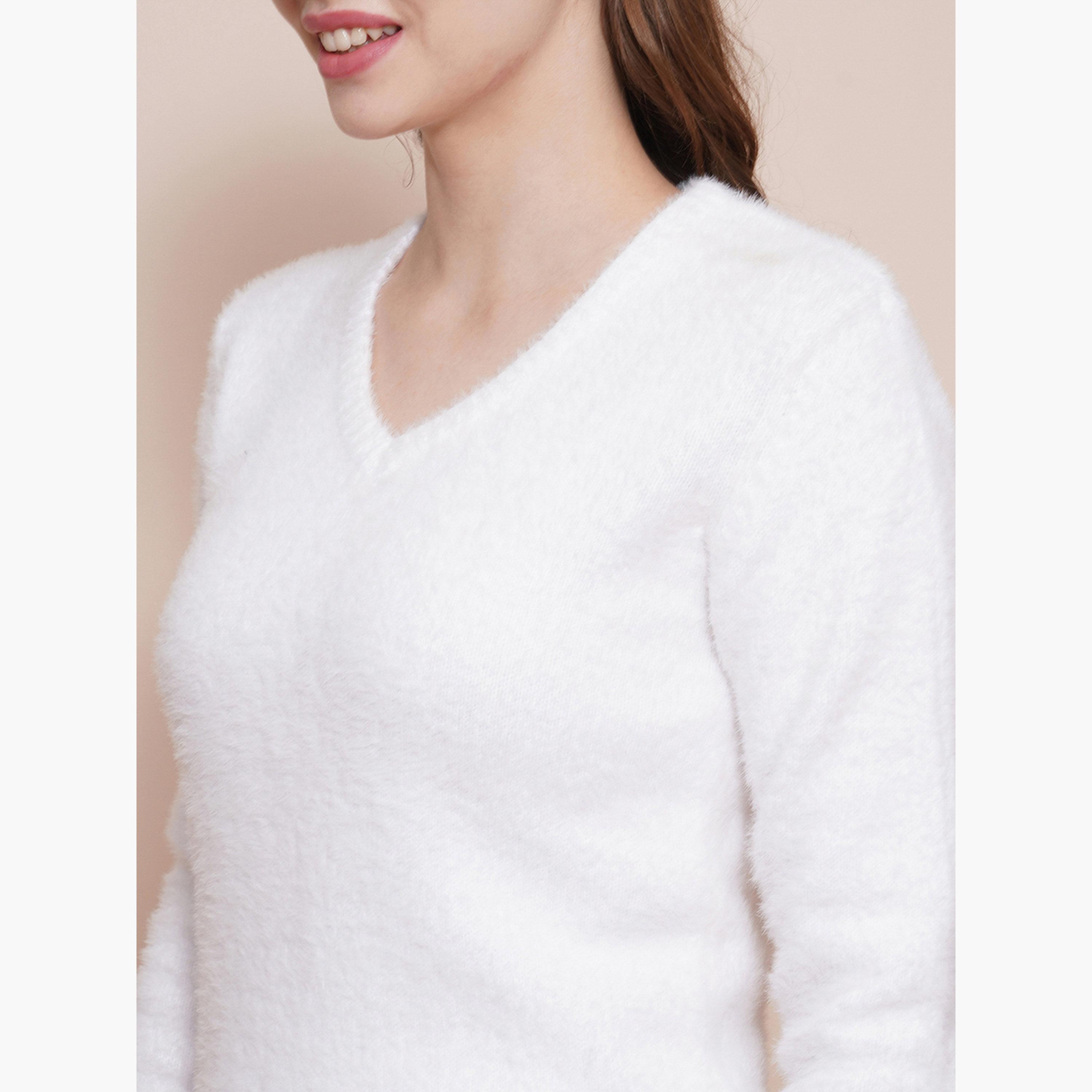 Globus X Styli White Ribbed Knitted V-Neck Long Sleeves Women's Sweater-women-winterwear-cardigansandjumpers-jumpers-image-5