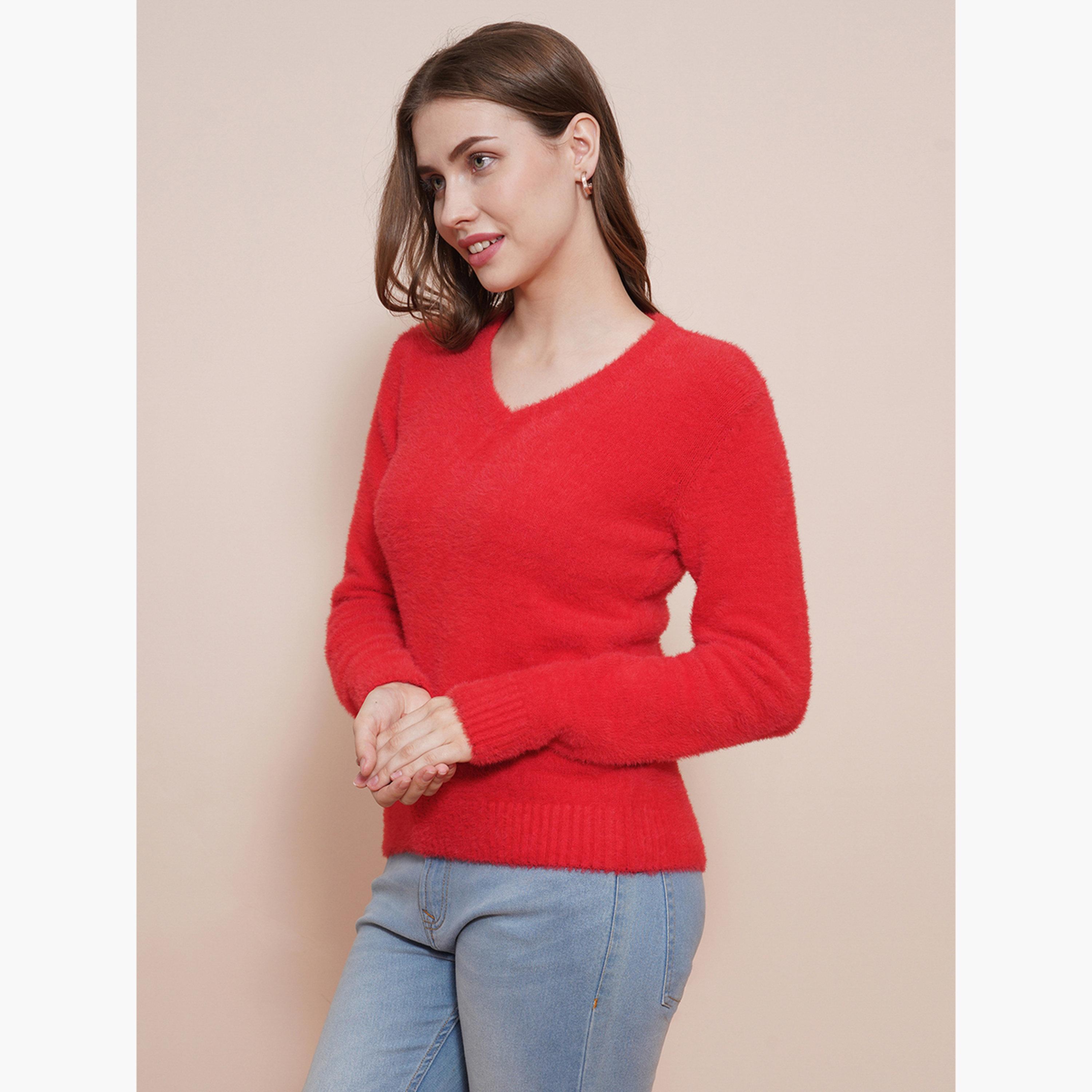 غلوبوص × ستايلي - سترة نسائية محبوكة بأكمام طويلة رقبة حرف V ومضلعة باللون الأحمر-women-winterwear-cardigansandjumpers-jumpers-image-1
