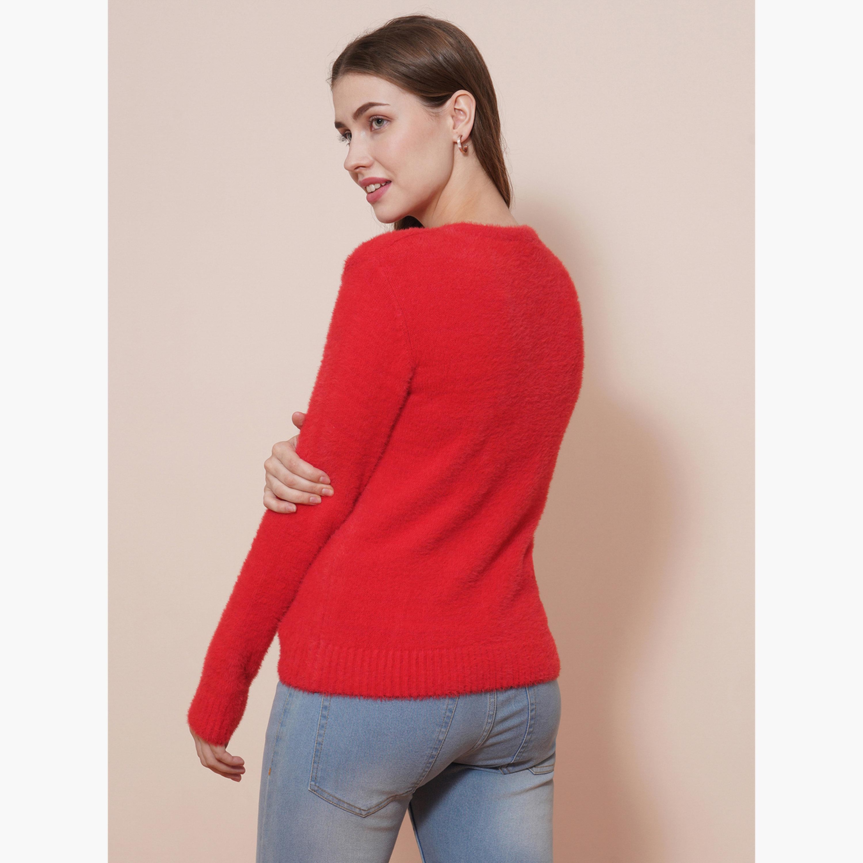 غلوبوص × ستايلي - سترة نسائية محبوكة بأكمام طويلة رقبة حرف V ومضلعة باللون الأحمر-women-winterwear-cardigansandjumpers-jumpers-image-3