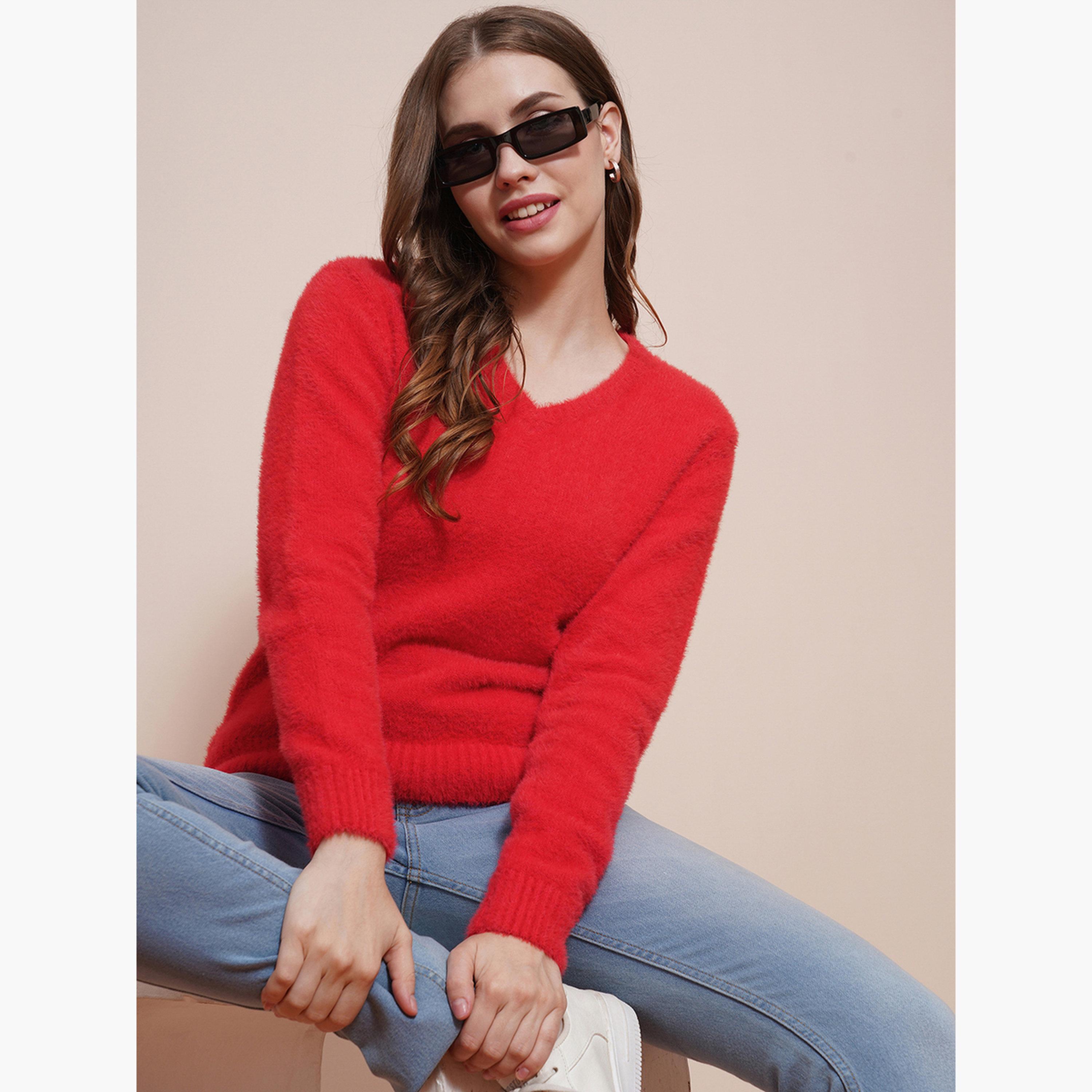 غلوبوص × ستايلي - سترة نسائية محبوكة بأكمام طويلة رقبة حرف V ومضلعة باللون الأحمر-women-winterwear-cardigansandjumpers-jumpers-image-4