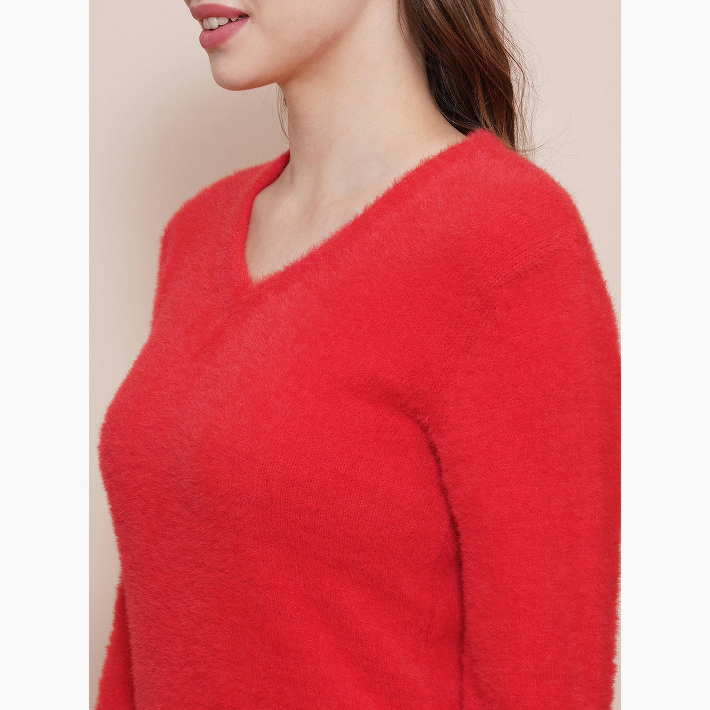 غلوبوص × ستايلي - سترة نسائية محبوكة بأكمام طويلة رقبة حرف V ومضلعة باللون الأحمر-women-winterwear-cardigansandjumpers-jumpers-image-5
