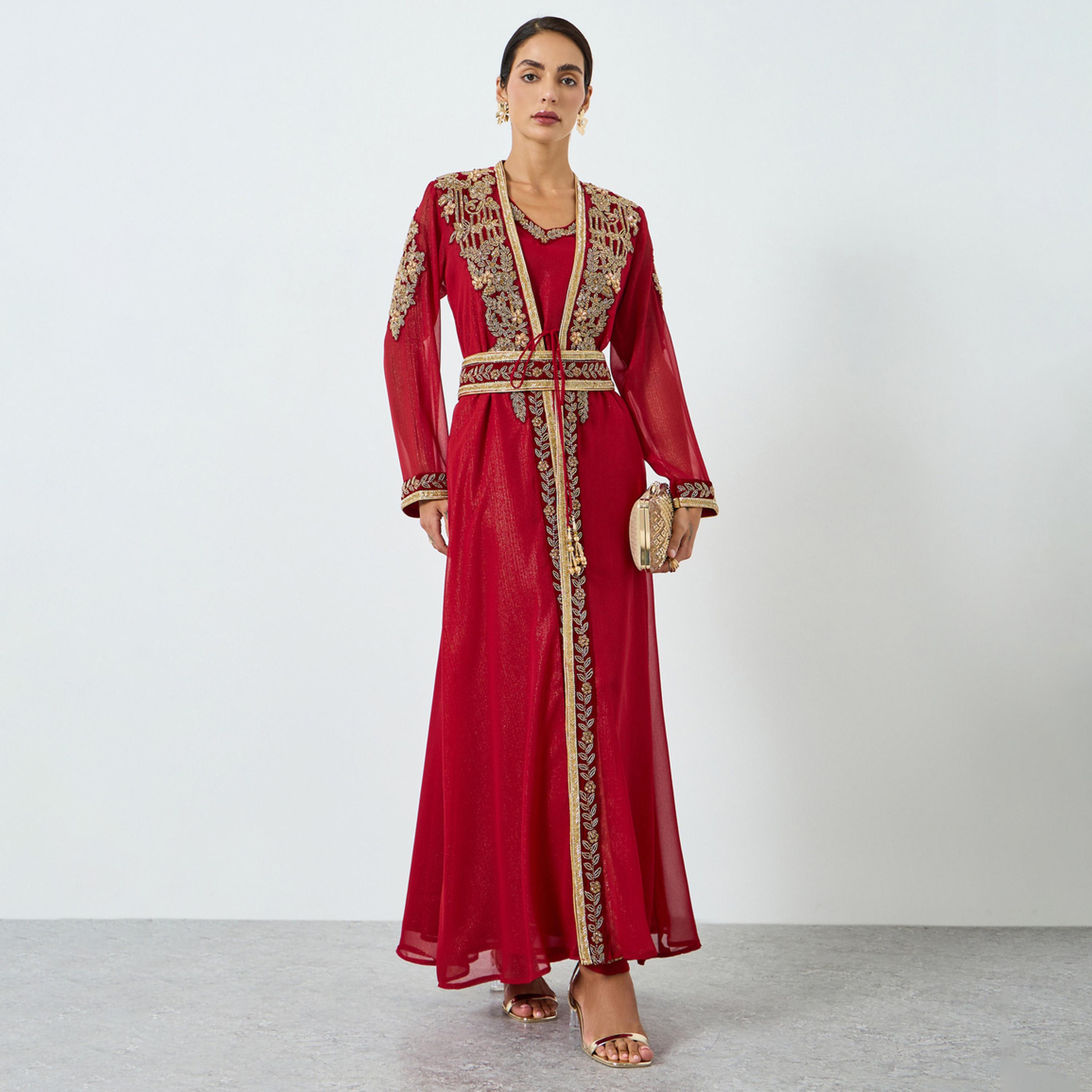 Maxim Creation Embellished Handwork Belted Kaftan with Inner Dress-women-arabicclothing-kaftan-image-1