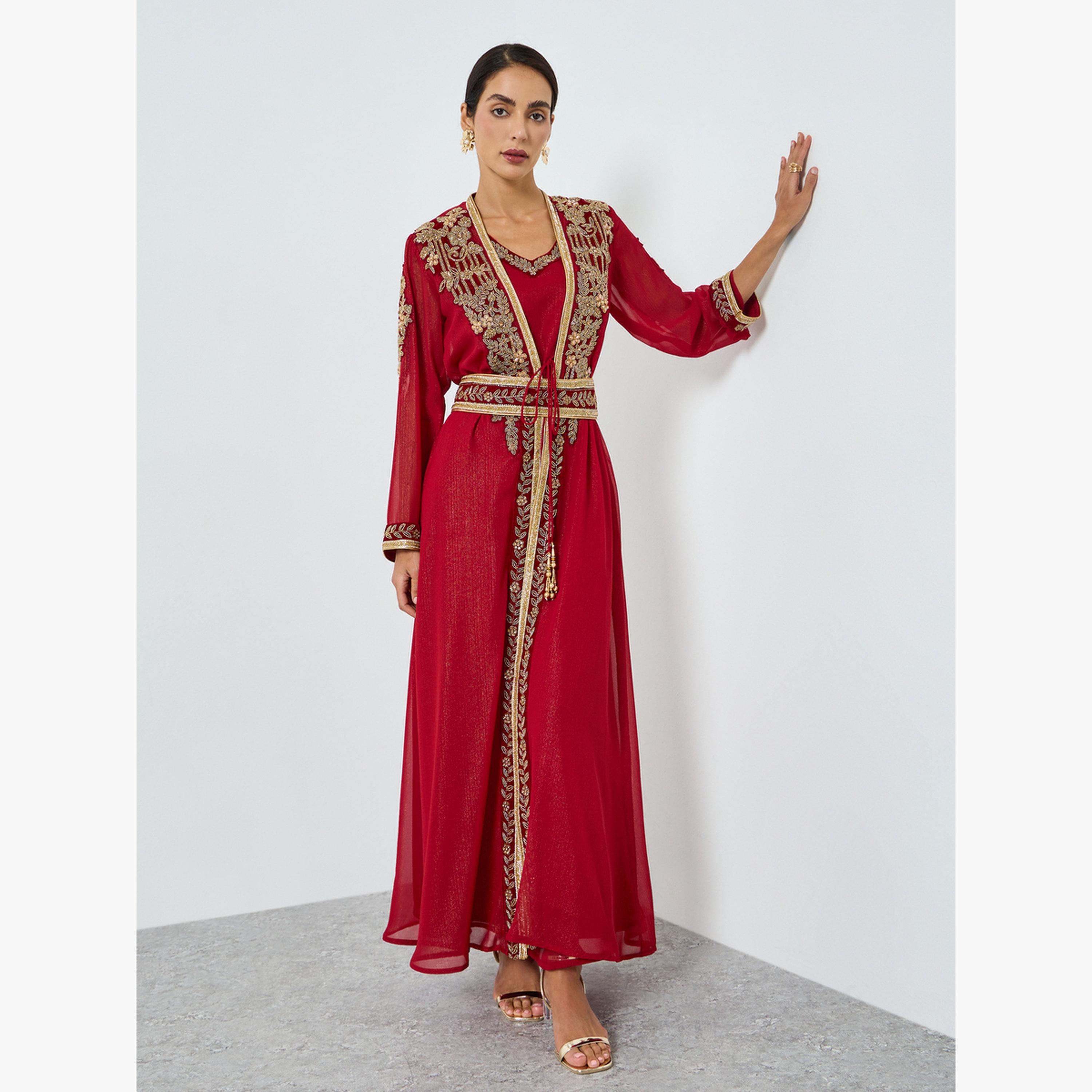 Maxim Creation Embellished Handwork Belted Kaftan with Inner Dress-women-arabicclothing-kaftan-image-3