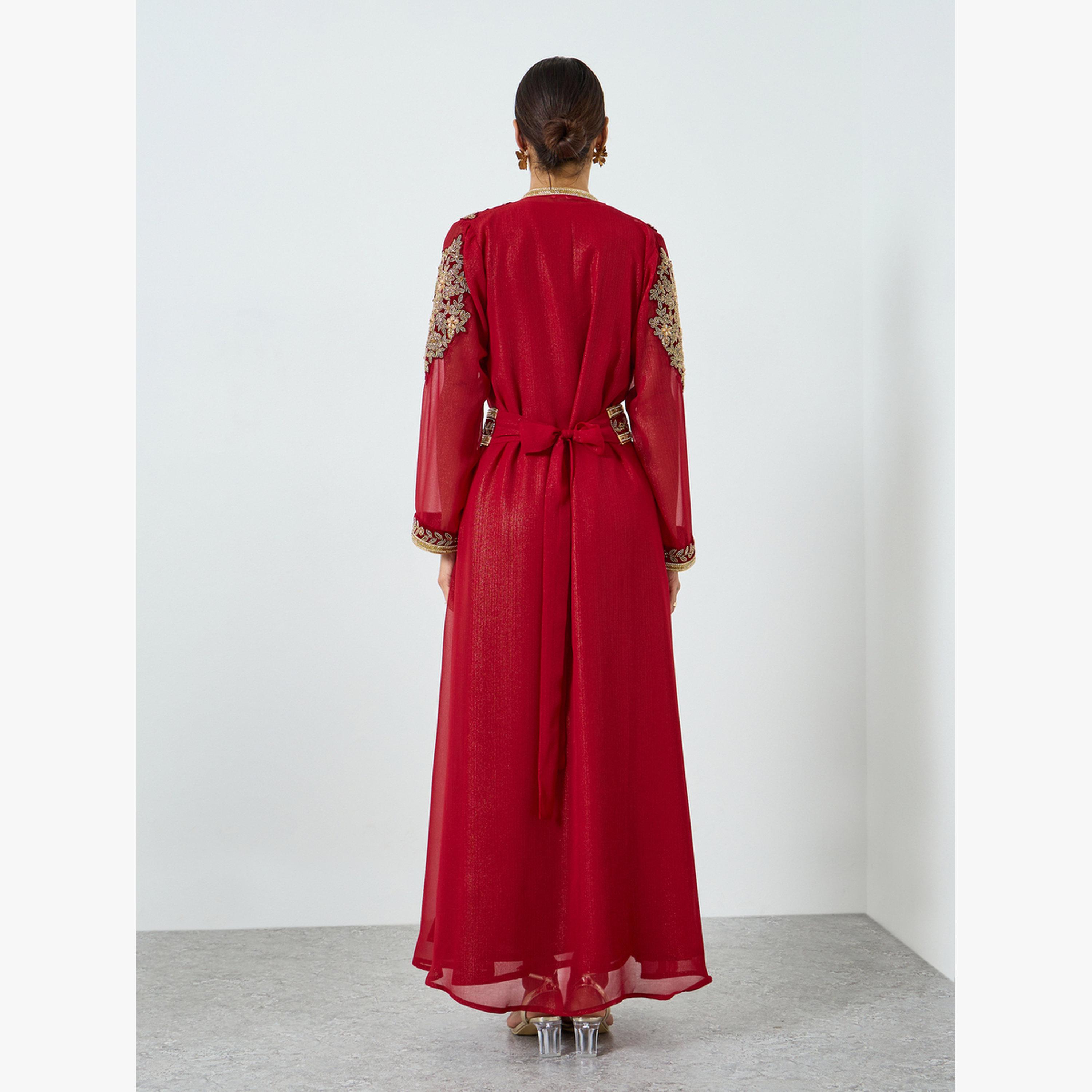 قفطان بحزام مع فستان داخلي وتفاصيل يدوية مزينة-women-arabicclothing-kaftan-image-5
