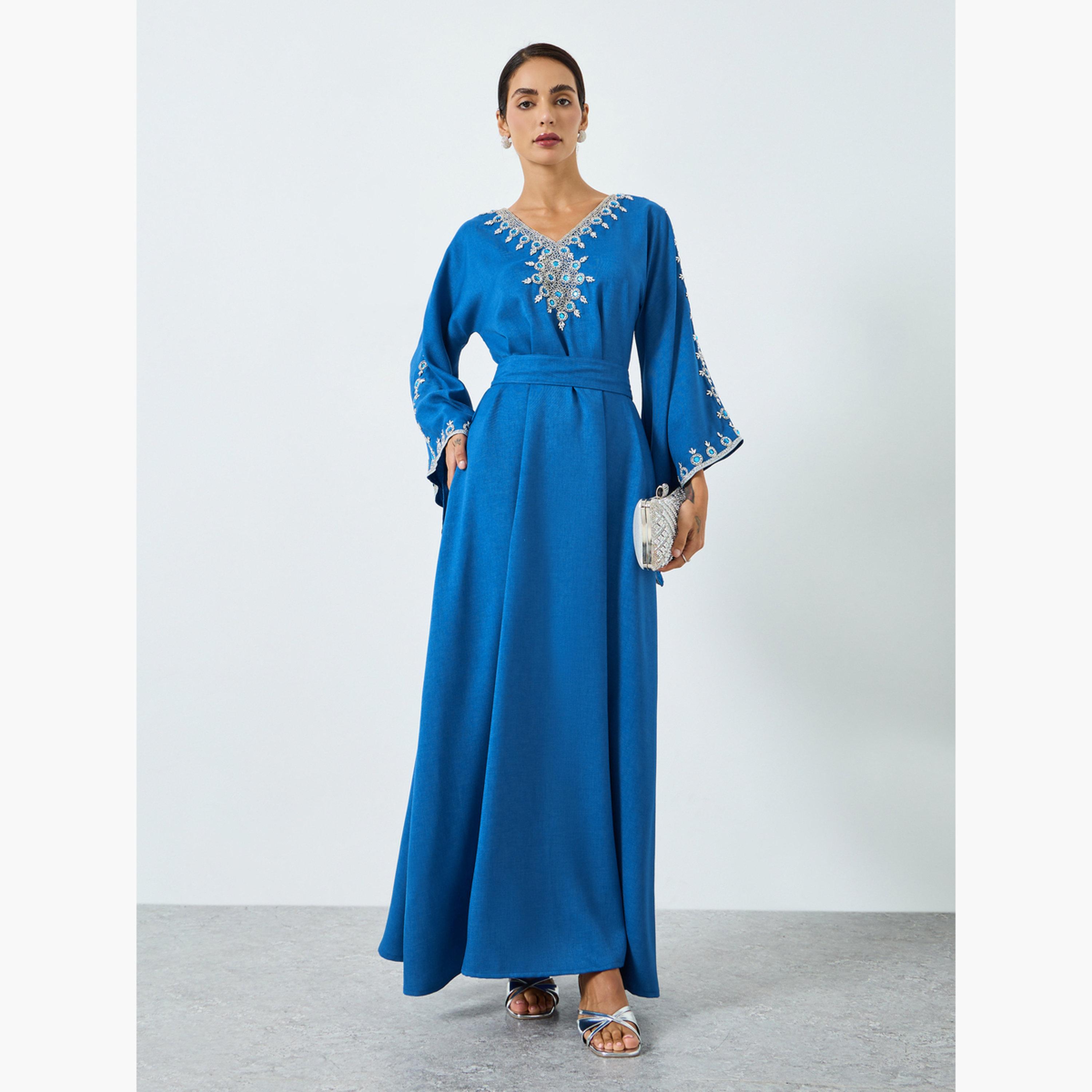 Maxim Creation Women Blue Embellished Belted Jalabiya-women-arabicclothing-jalabiyas-image-1