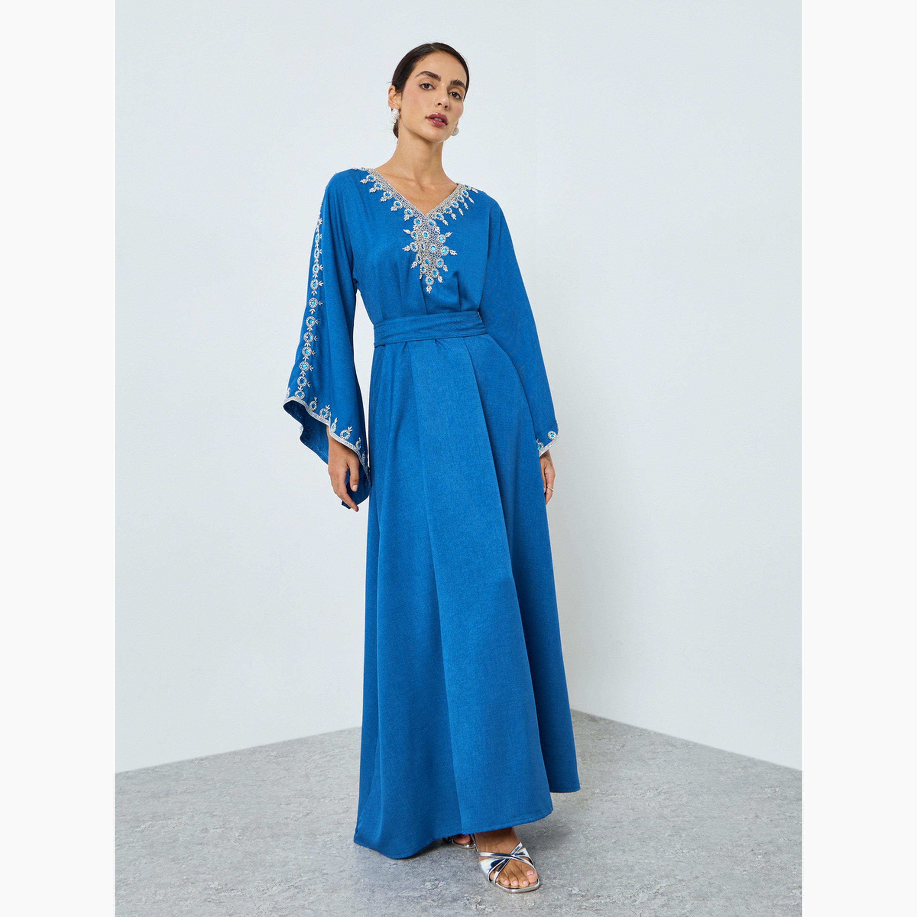 Maxim Creation Women Blue Embellished Belted Jalabiya-women-arabicclothing-jalabiyas-image-3