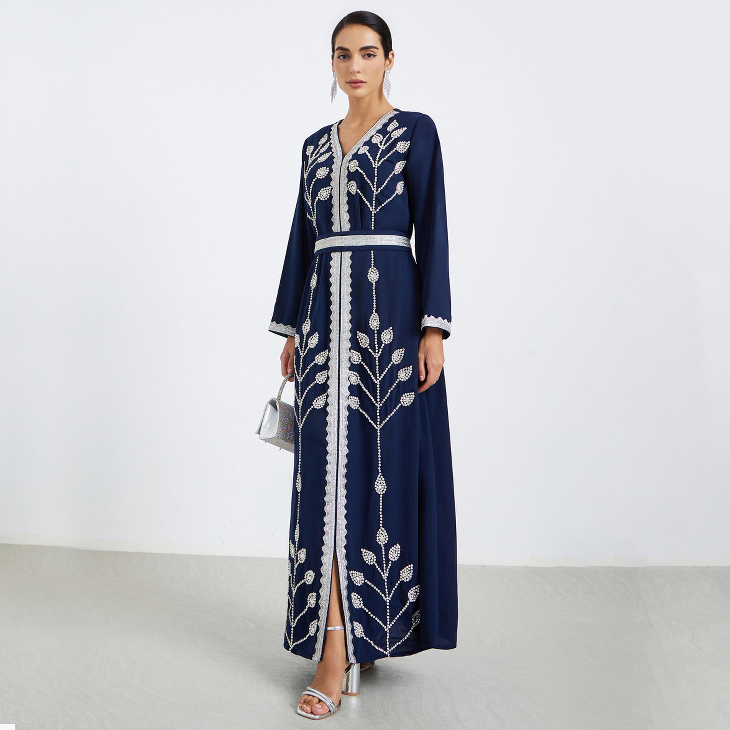جلابية نسائية مزينة مع حزام ربط-women-arabicclothing-jalabiyas-image-1