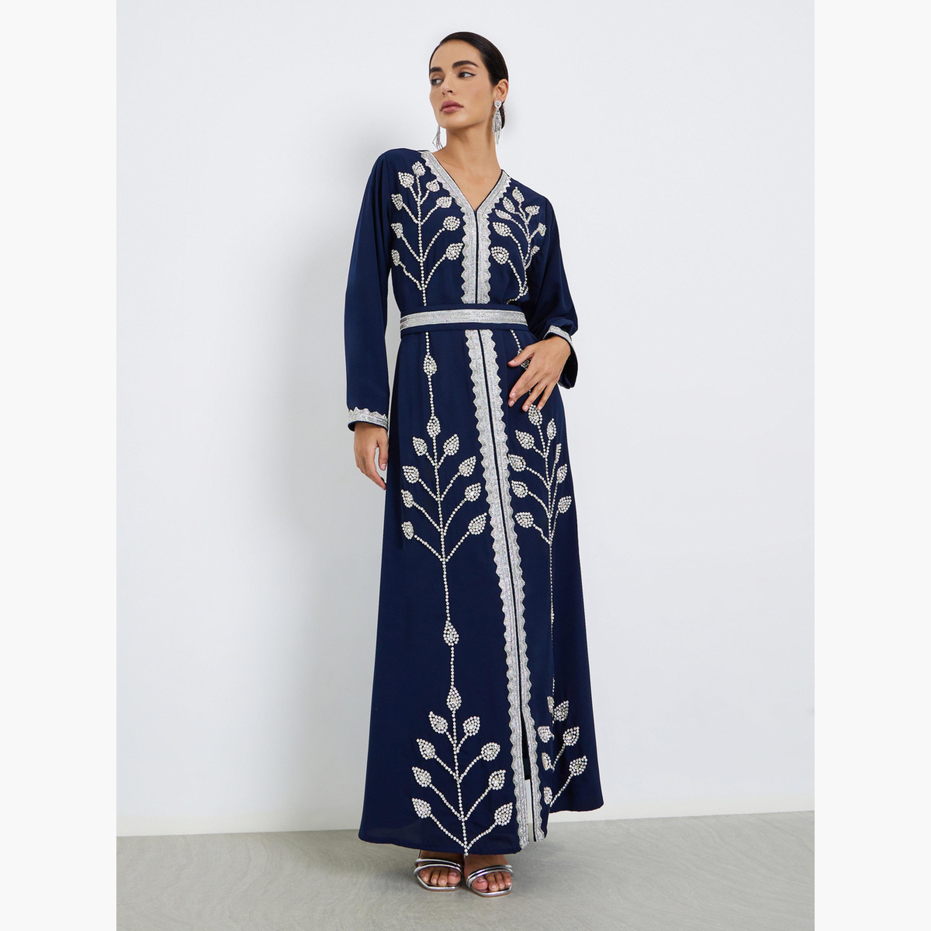 جلابية نسائية مزينة مع حزام ربط-women-arabicclothing-jalabiyas-image-2
