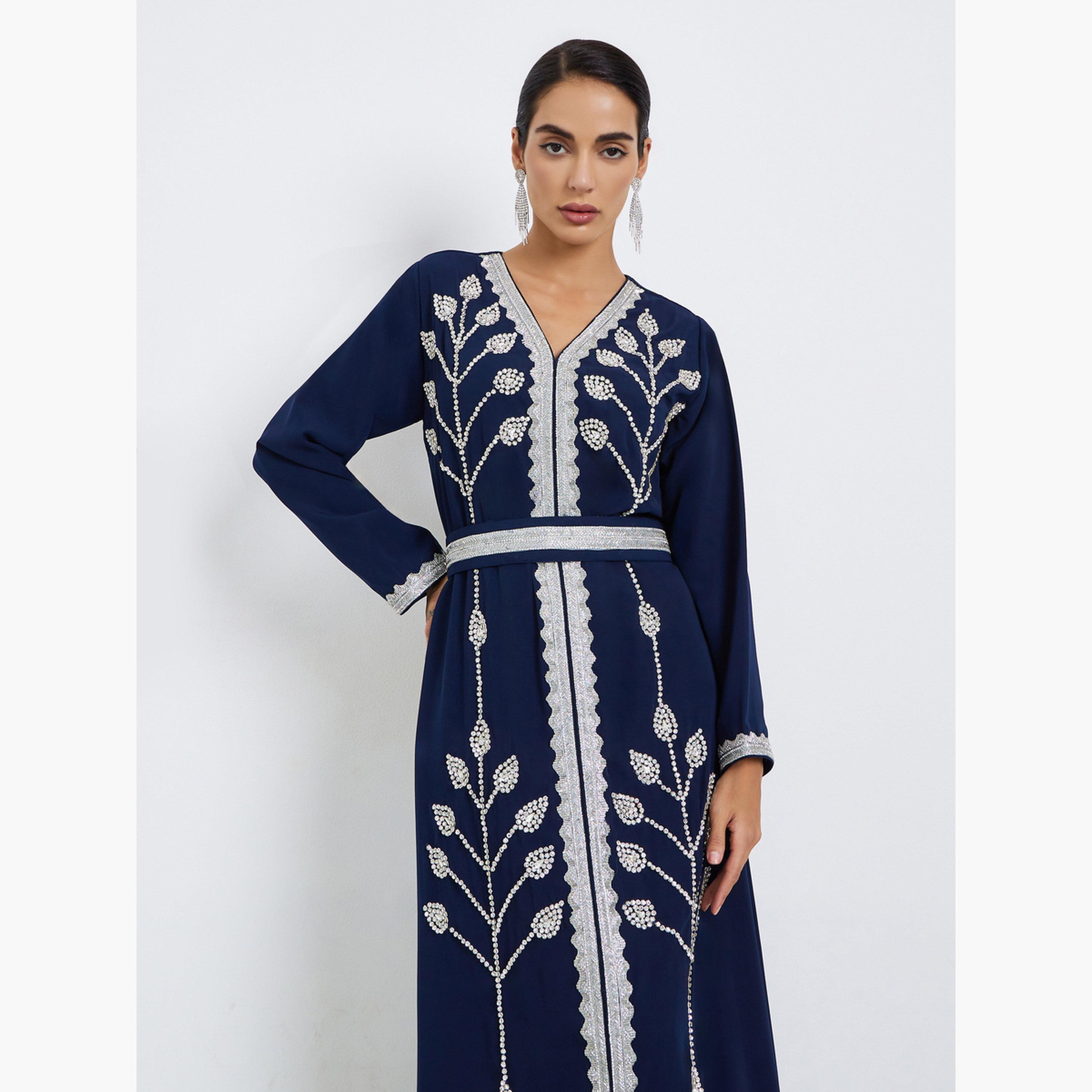 جلابية نسائية مزينة مع حزام ربط-women-arabicclothing-jalabiyas-image-3