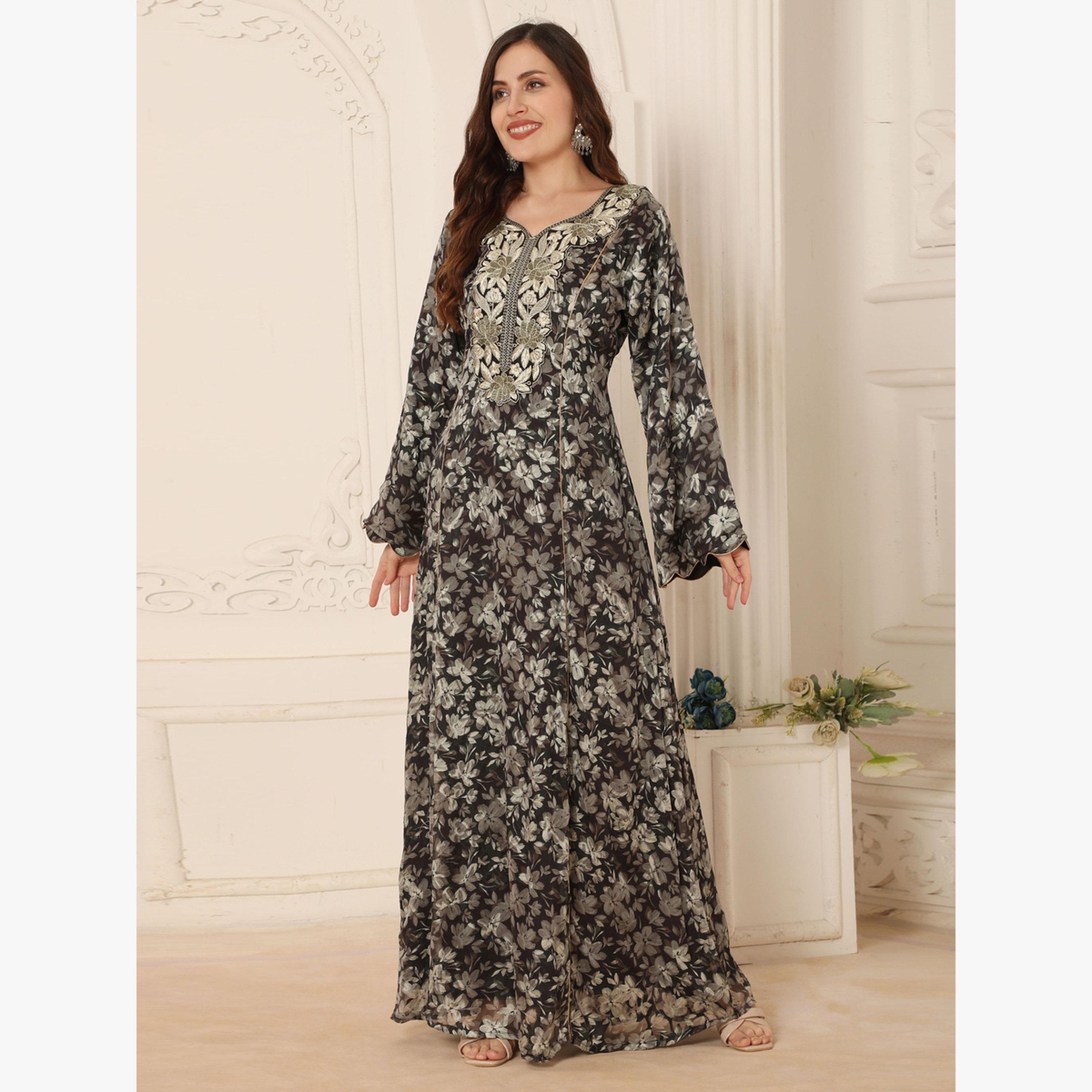 جلابية بياقة بتطريز خيوط وطبعة أزهار-women-arabicclothing-jalabiyas-image-1