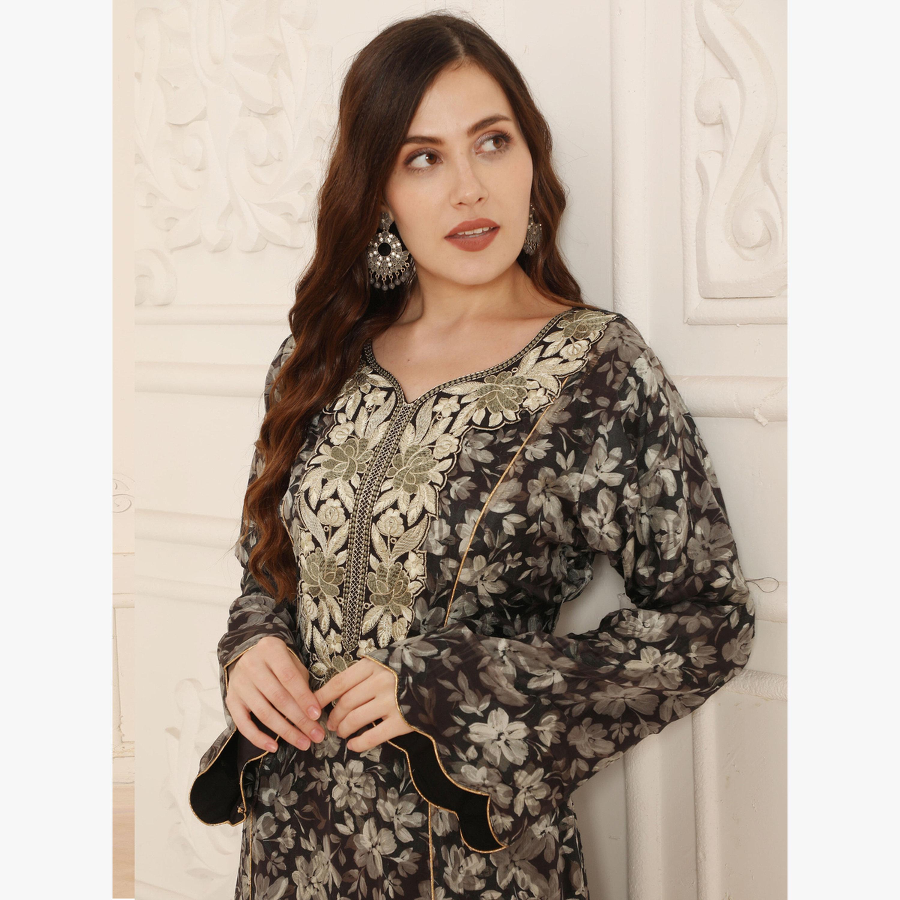 جلابية بياقة بتطريز خيوط وطبعة أزهار-women-arabicclothing-jalabiyas-image-2