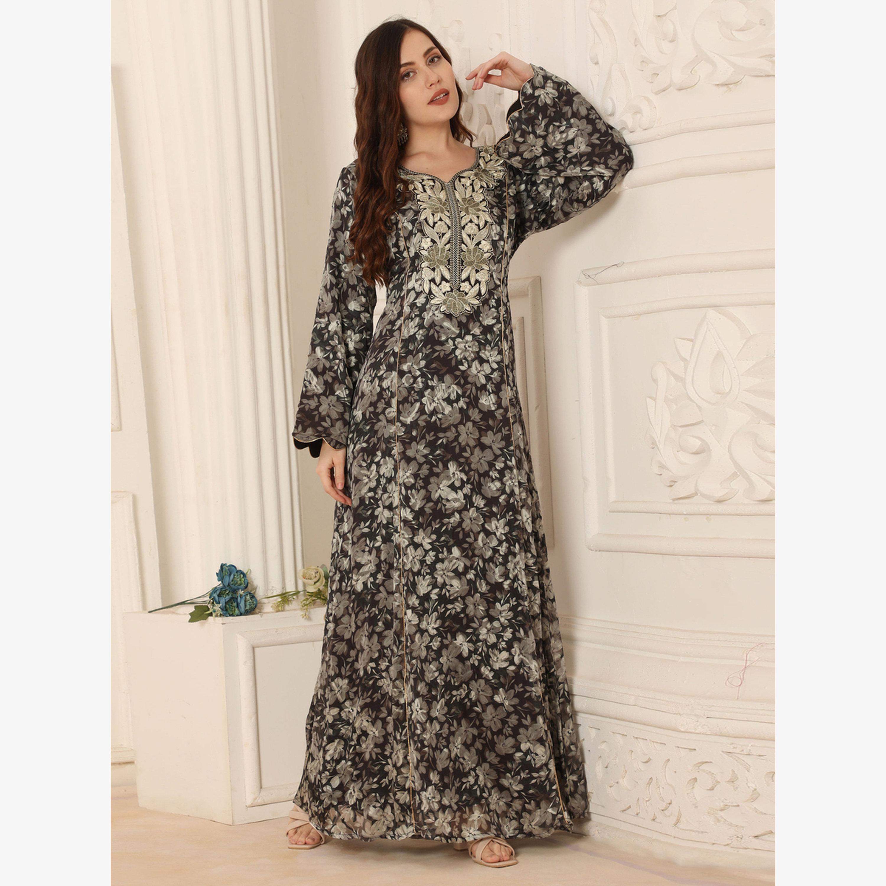 Maxim Creation Multi Floral Print Threadwork Yoke Jalabiya-women-arabicclothing-jalabiyas-image-4