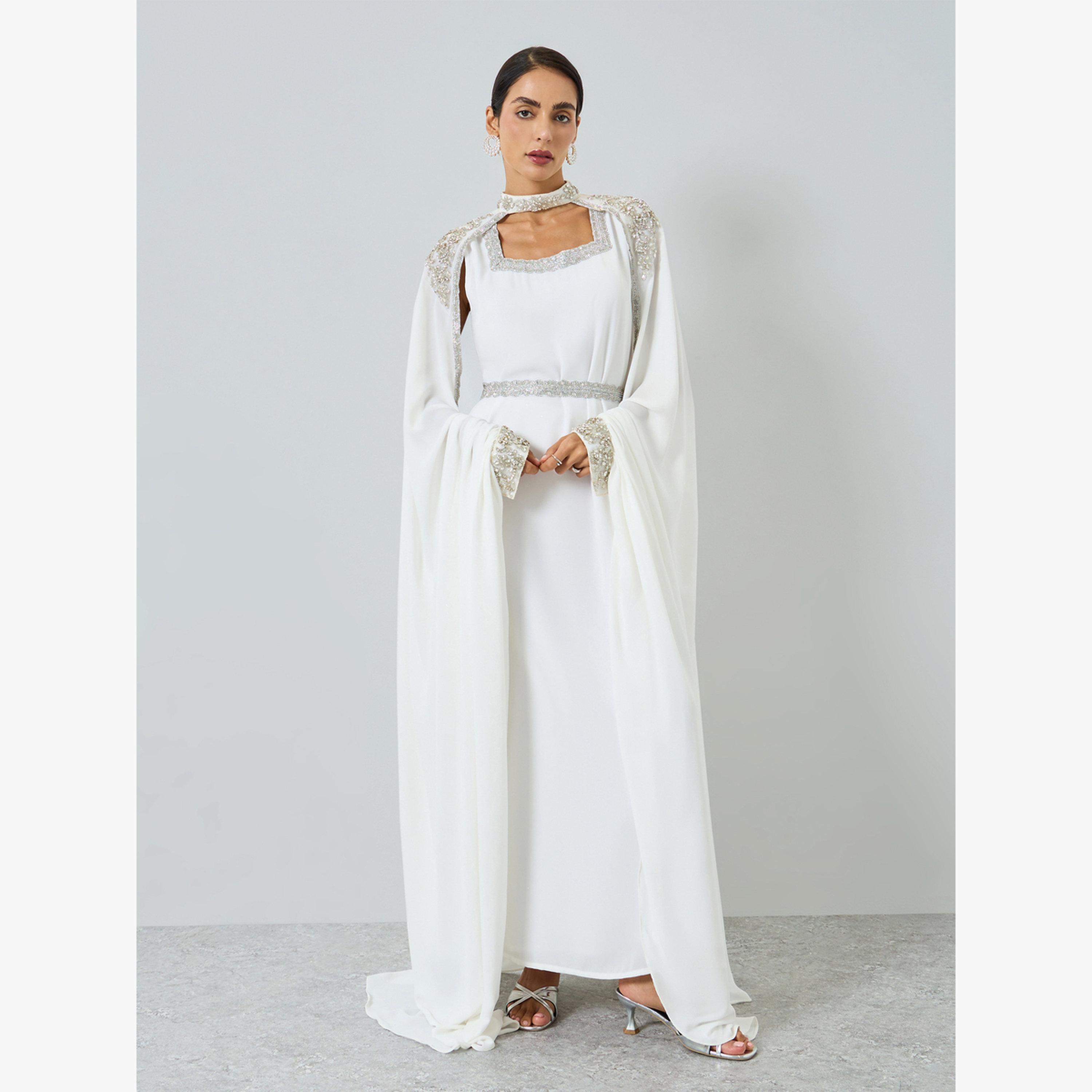 Maxim Creation White Embellished Cape Kaftan and Dress Set-women-arabicclothing-kaftan-image-1