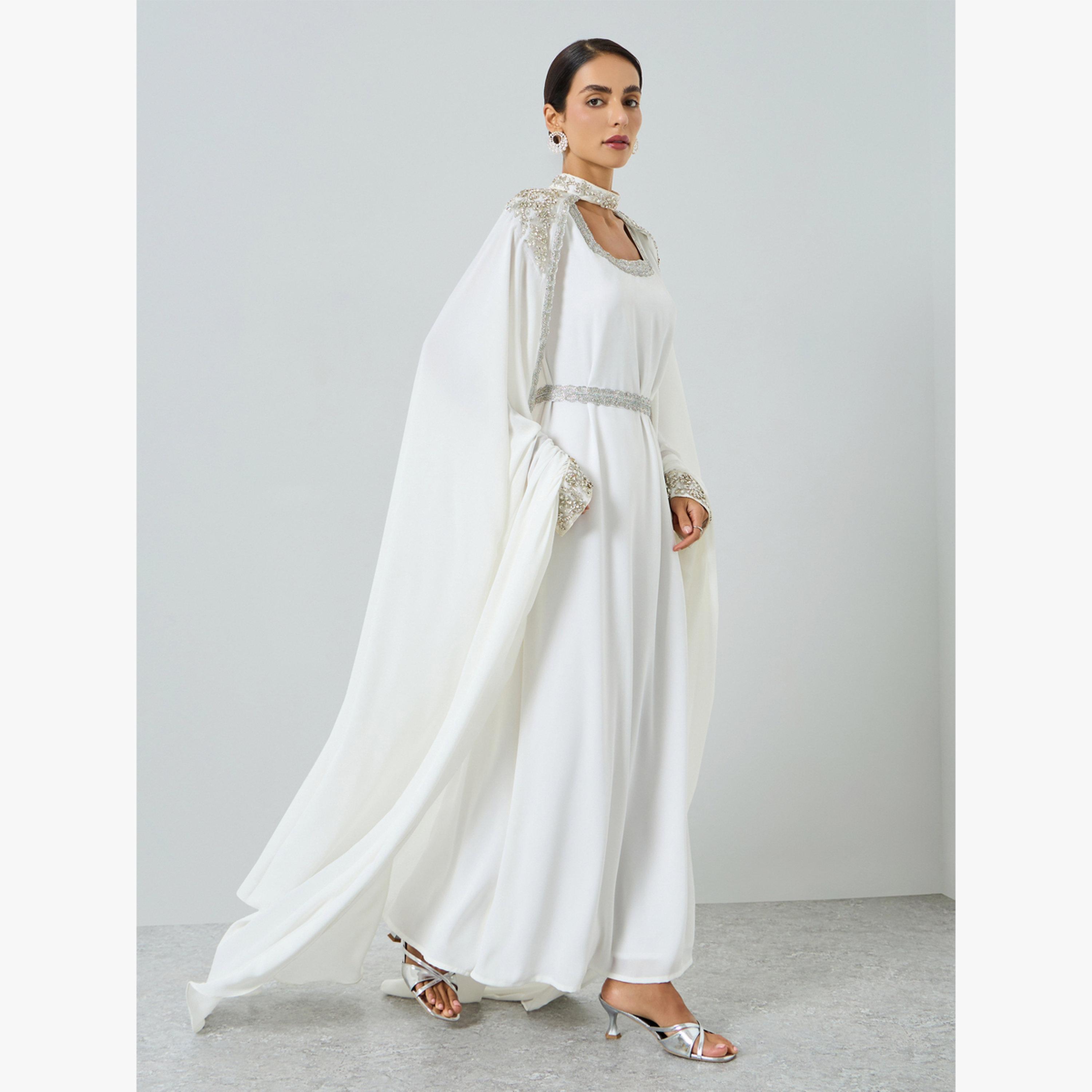 Maxim Creation White Embellished Cape Kaftan and Dress Set-women-arabicclothing-kaftan-image-3
