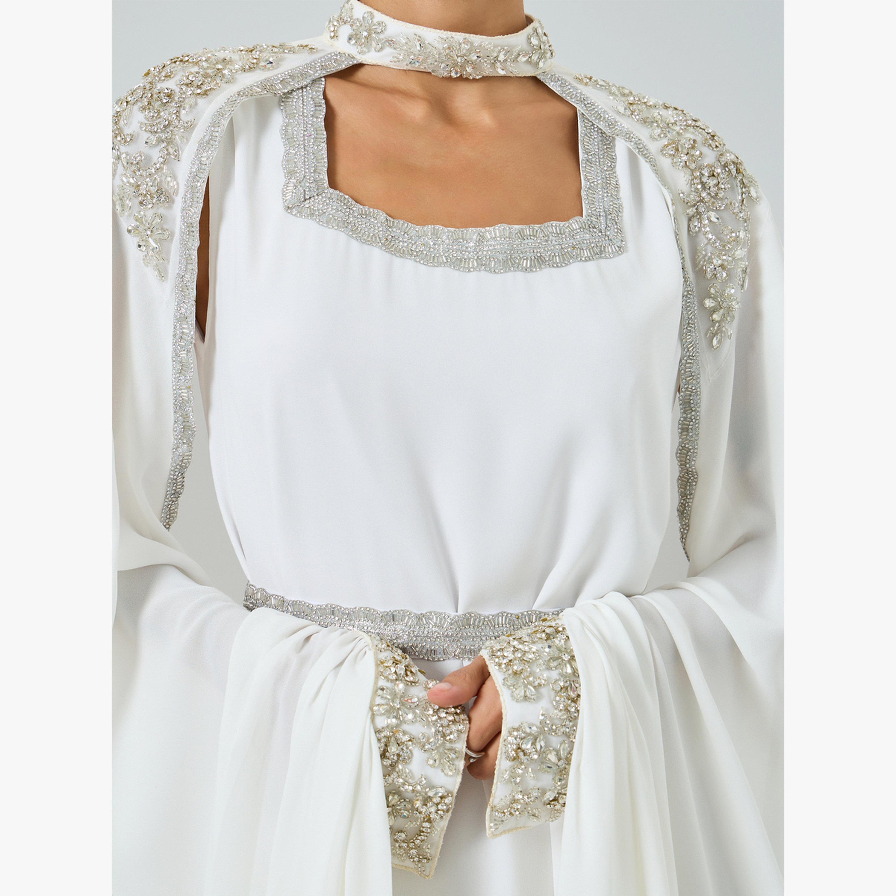 Maxim Creation White Embellished Cape Kaftan and Dress Set-women-arabicclothing-kaftan-image-6
