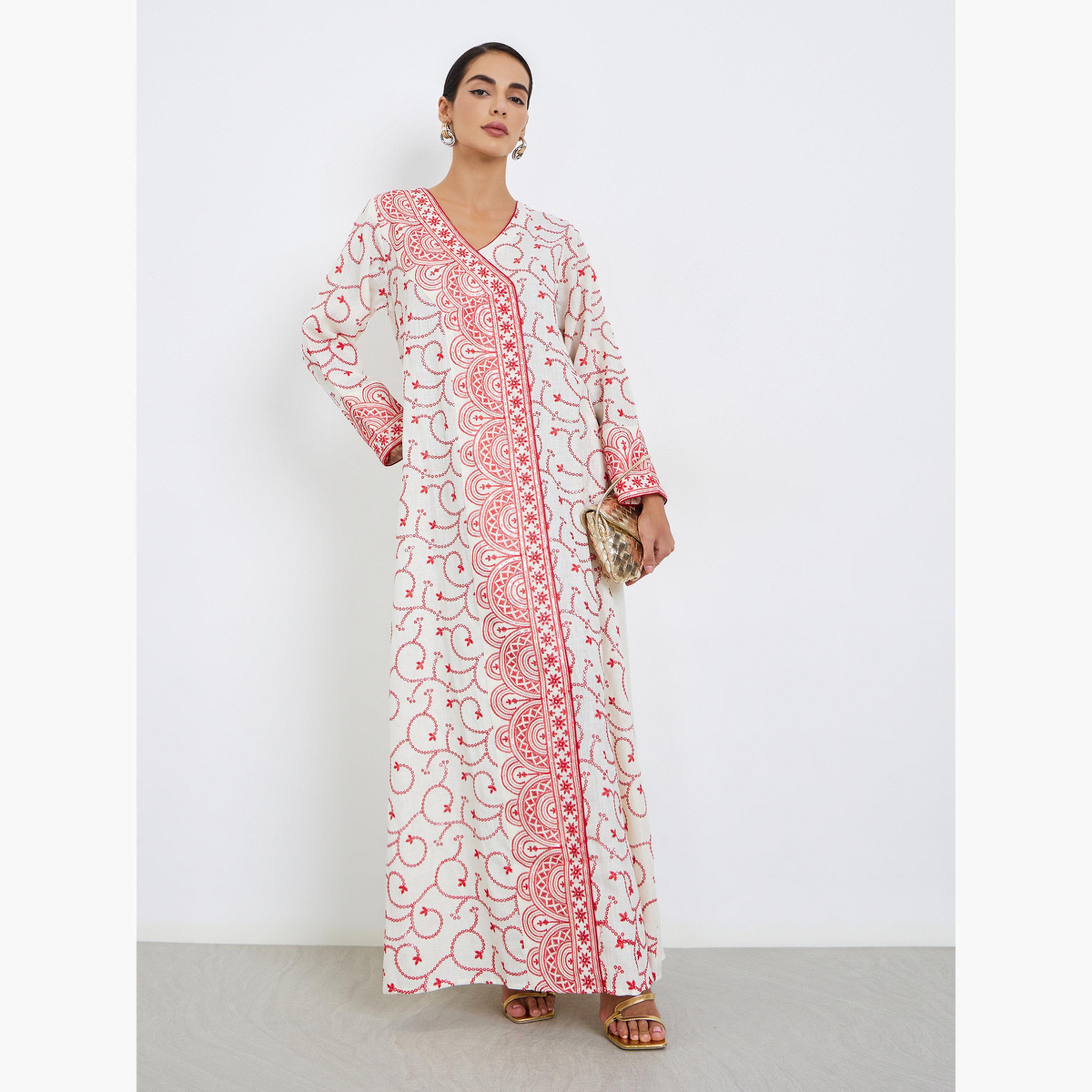Maxim Creation Threadwork Embroidery V Neck Jalabiya-women-arabicclothing-jalabiyas-image-1