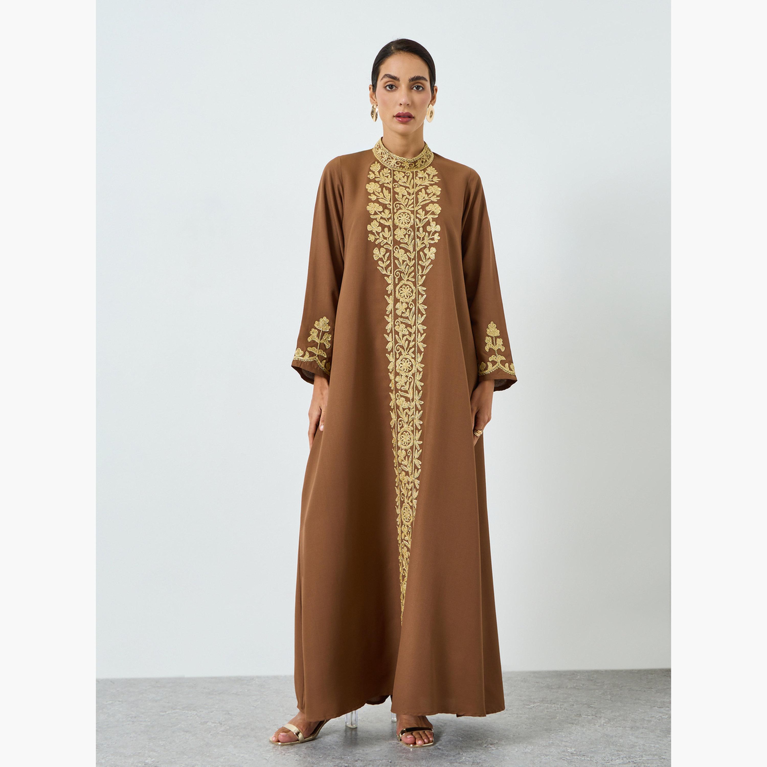 جلابية مطرزة بحافة واسعة للنساء-women-arabicclothing-jalabiyas-image-1