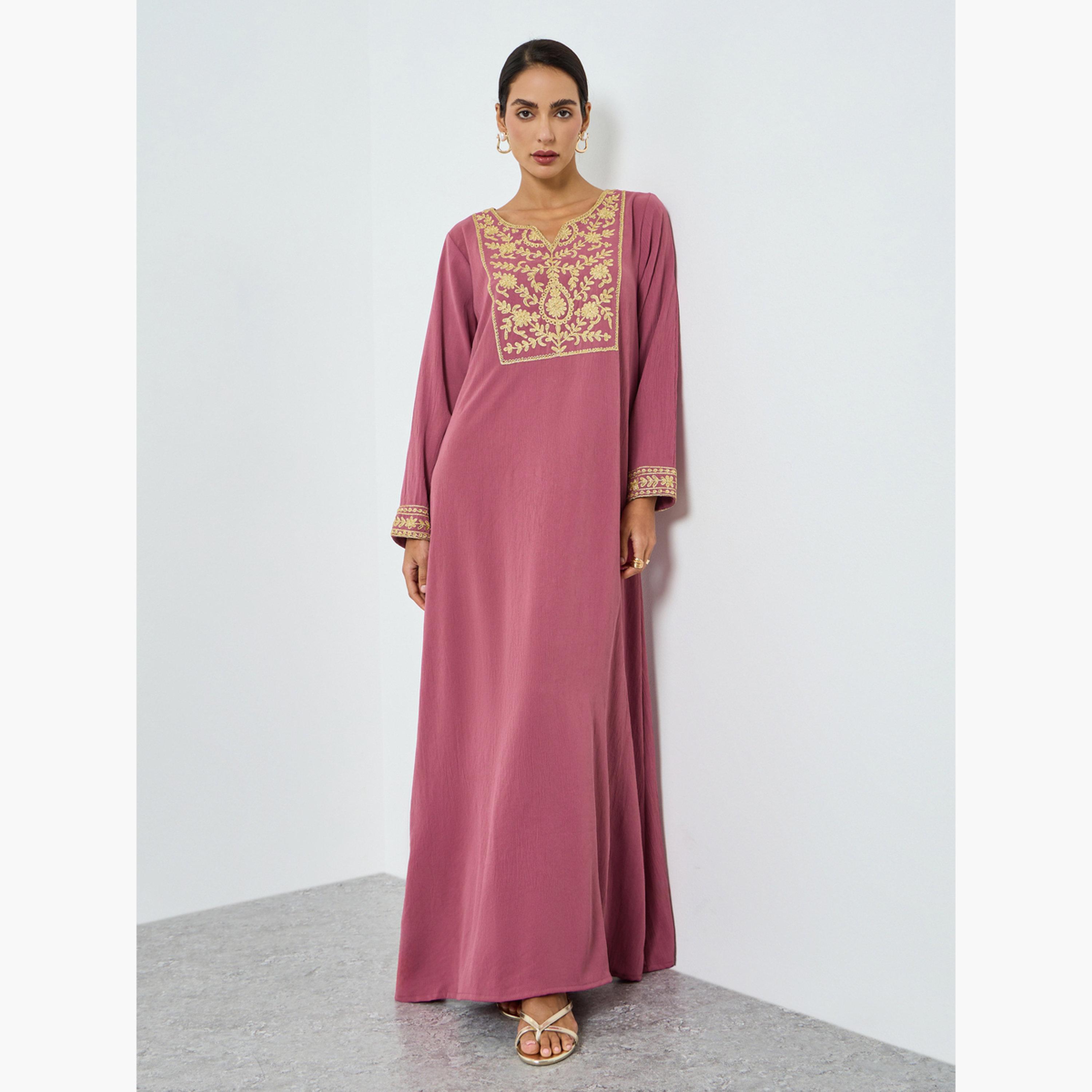 جلابية وردية مطرزة بخيوط ذهبية من Maxim Creation-women-arabicclothing-jalabiyas-image-1