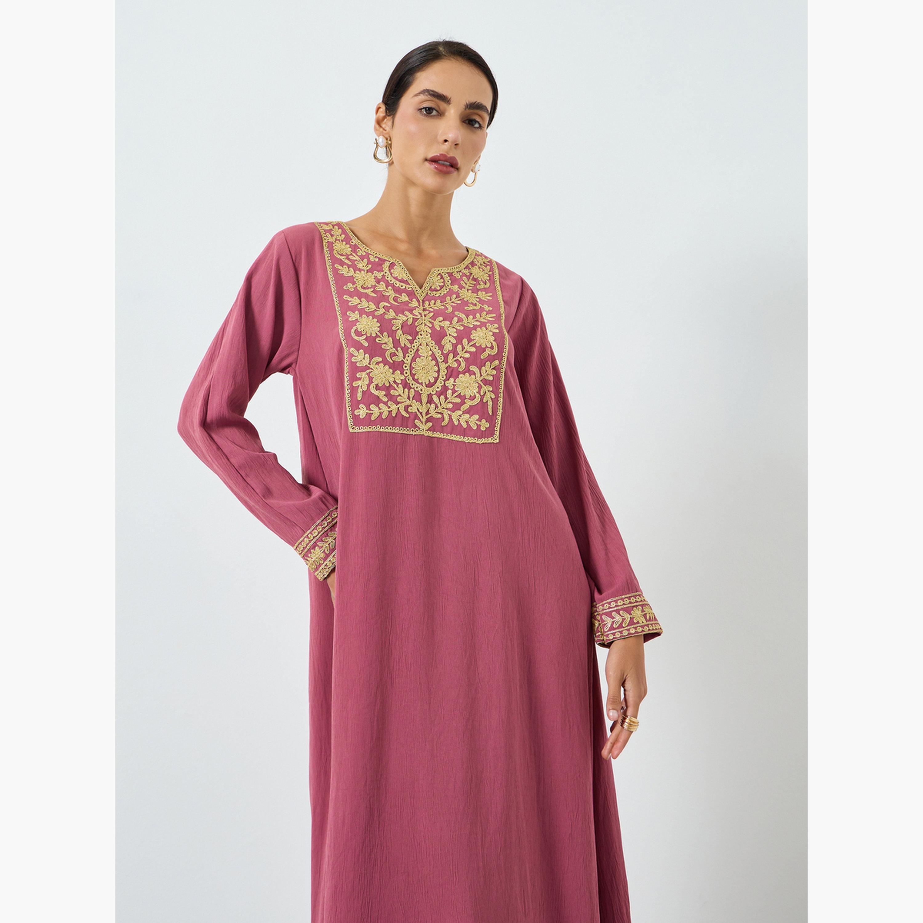 جلابية وردية مطرزة بخيوط ذهبية من Maxim Creation-women-arabicclothing-jalabiyas-image-2