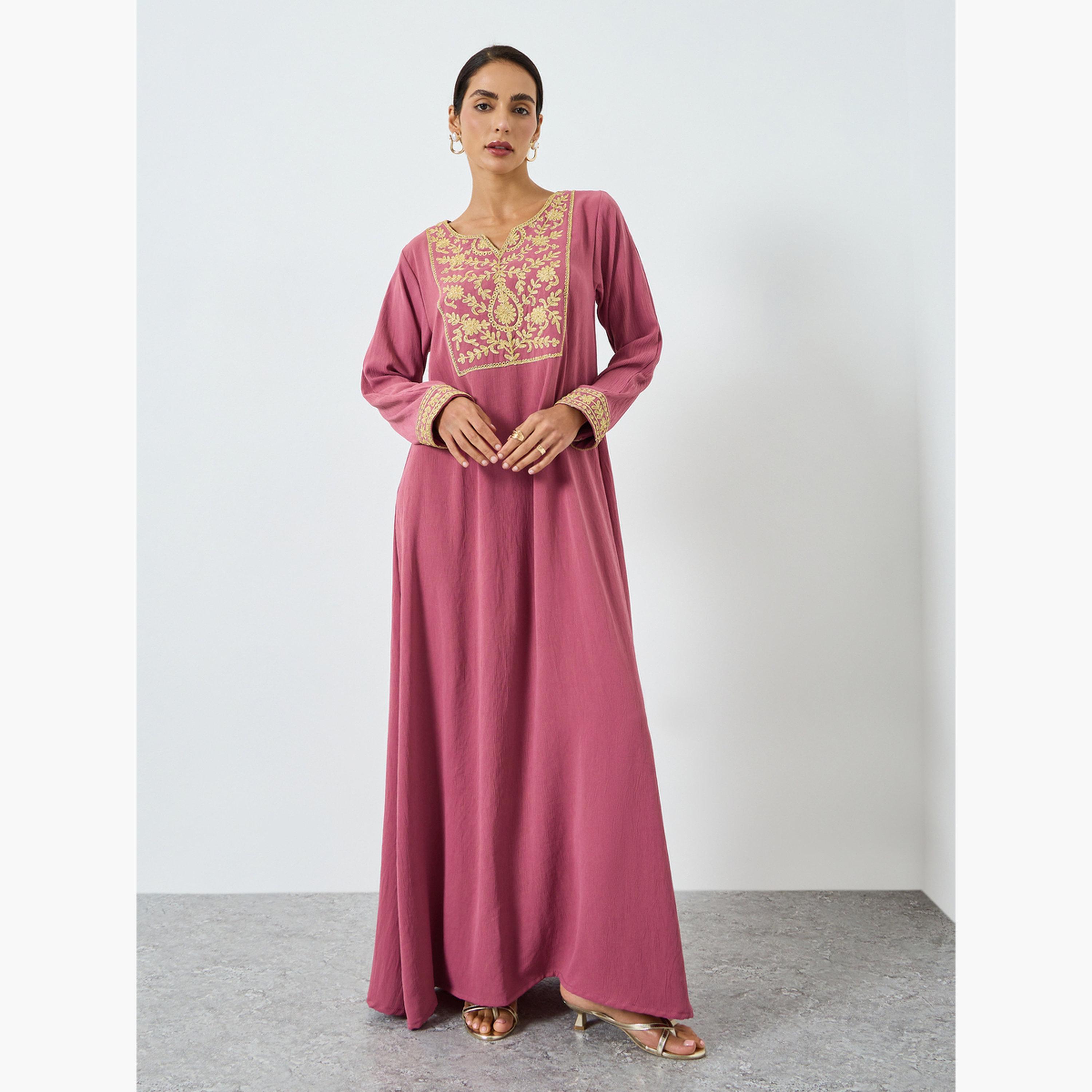 جلابية وردية مطرزة بخيوط ذهبية من Maxim Creation-women-arabicclothing-jalabiyas-image-3