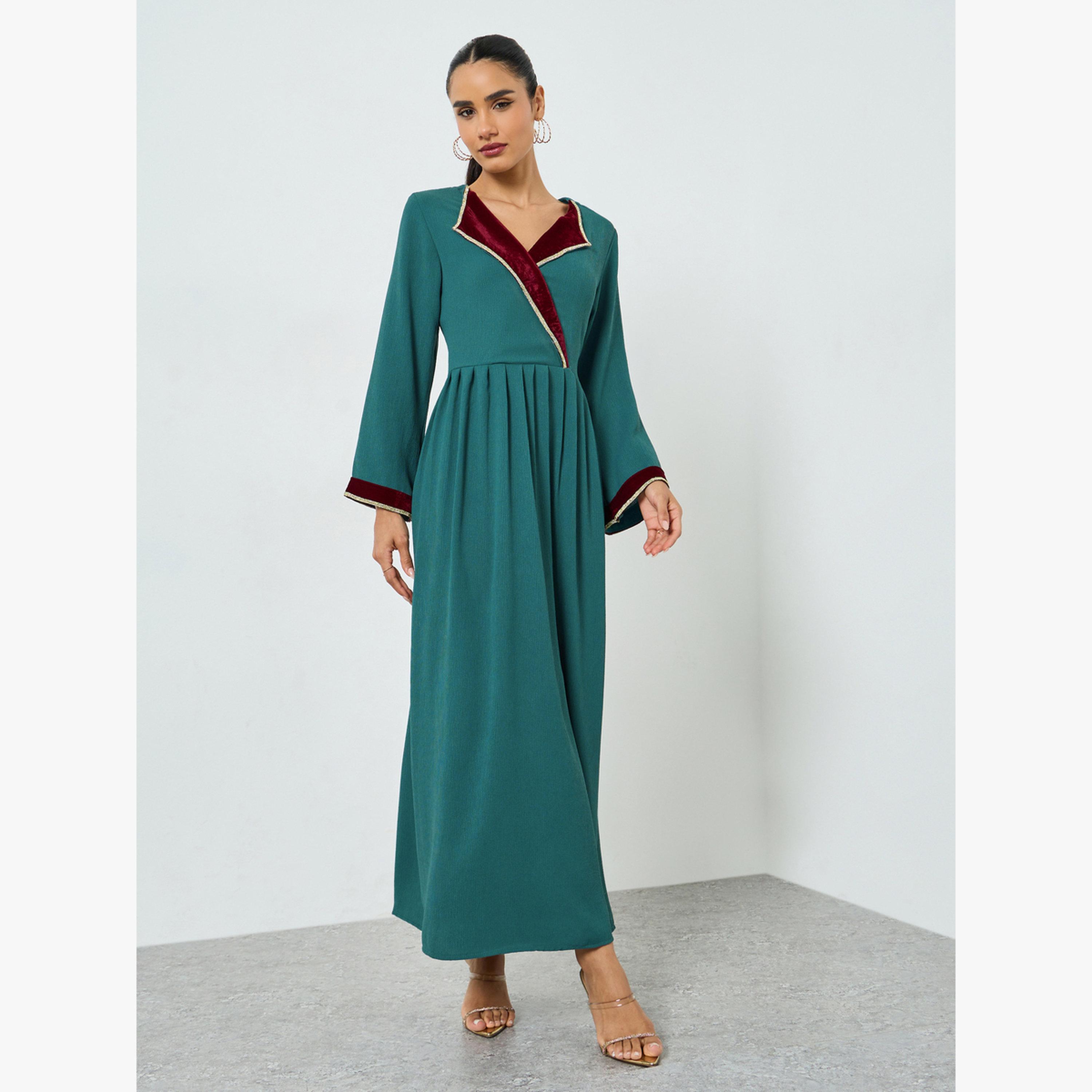 Maxim Creation Green Pleated Long Sleeve A-Line Jalabiya-women-arabicclothing-jalabiyas-image-1