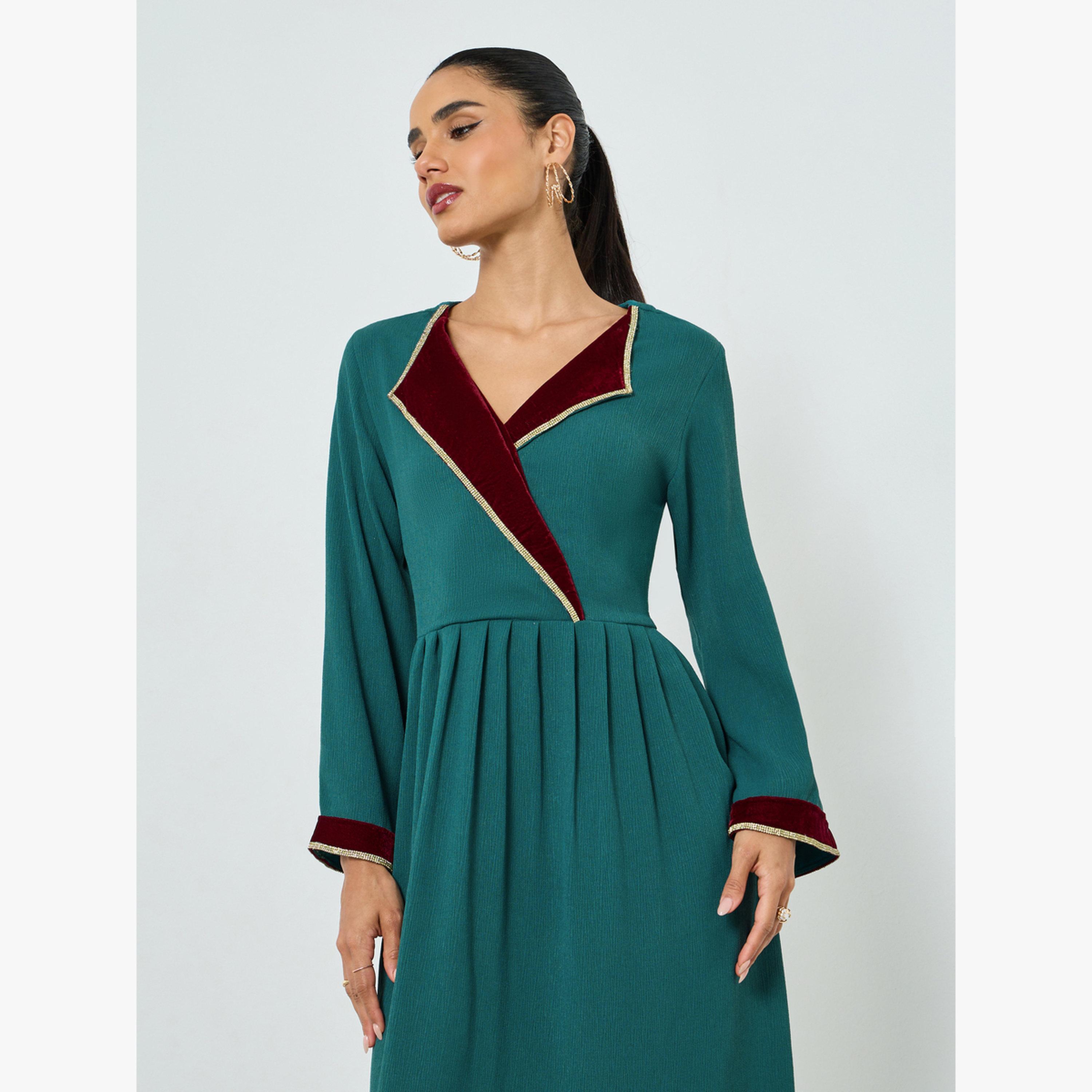Maxim Creation Green Pleated Long Sleeve A-Line Jalabiya-women-arabicclothing-jalabiyas-image-2