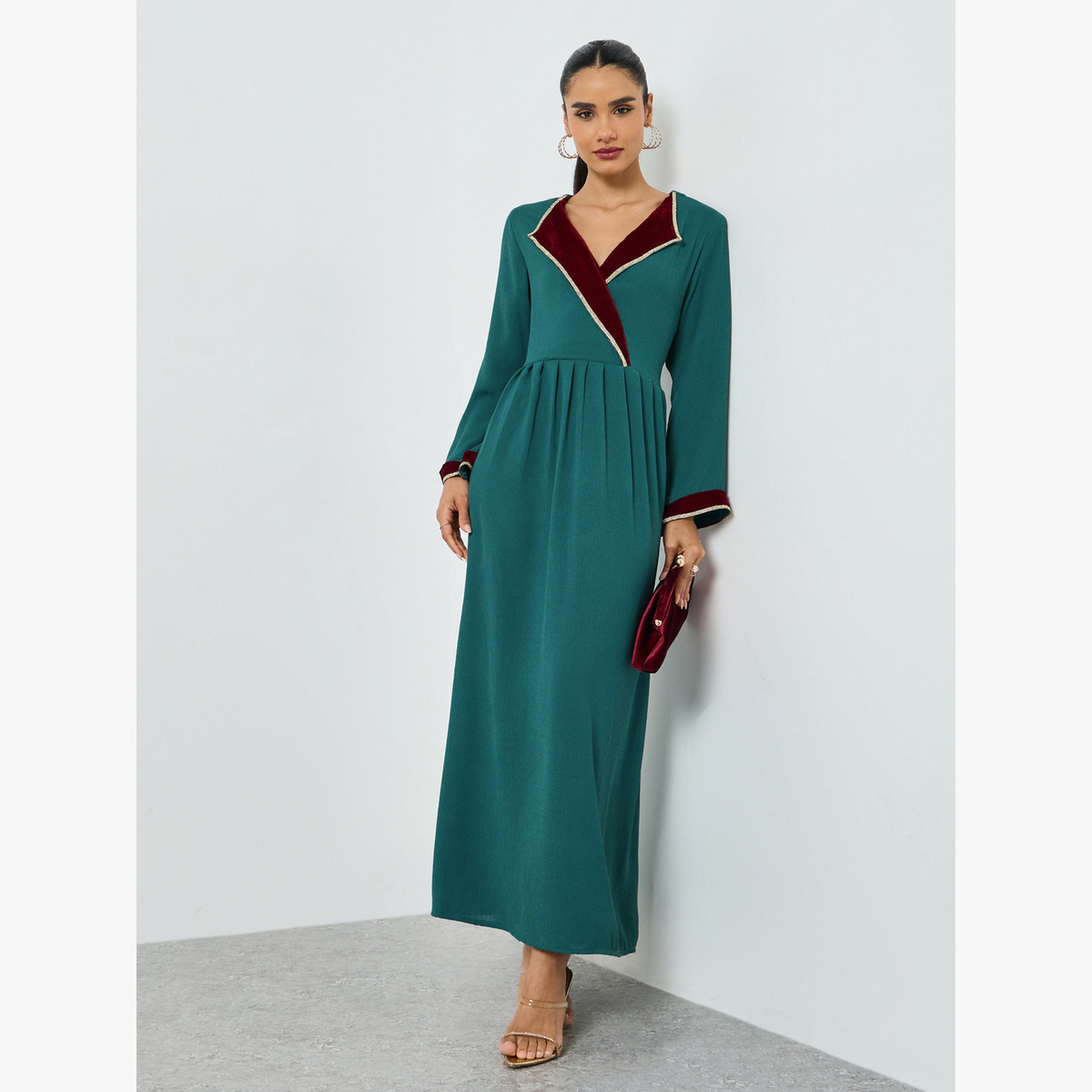 Maxim Creation Green Pleated Long Sleeve A-Line Jalabiya-women-arabicclothing-jalabiyas-image-3