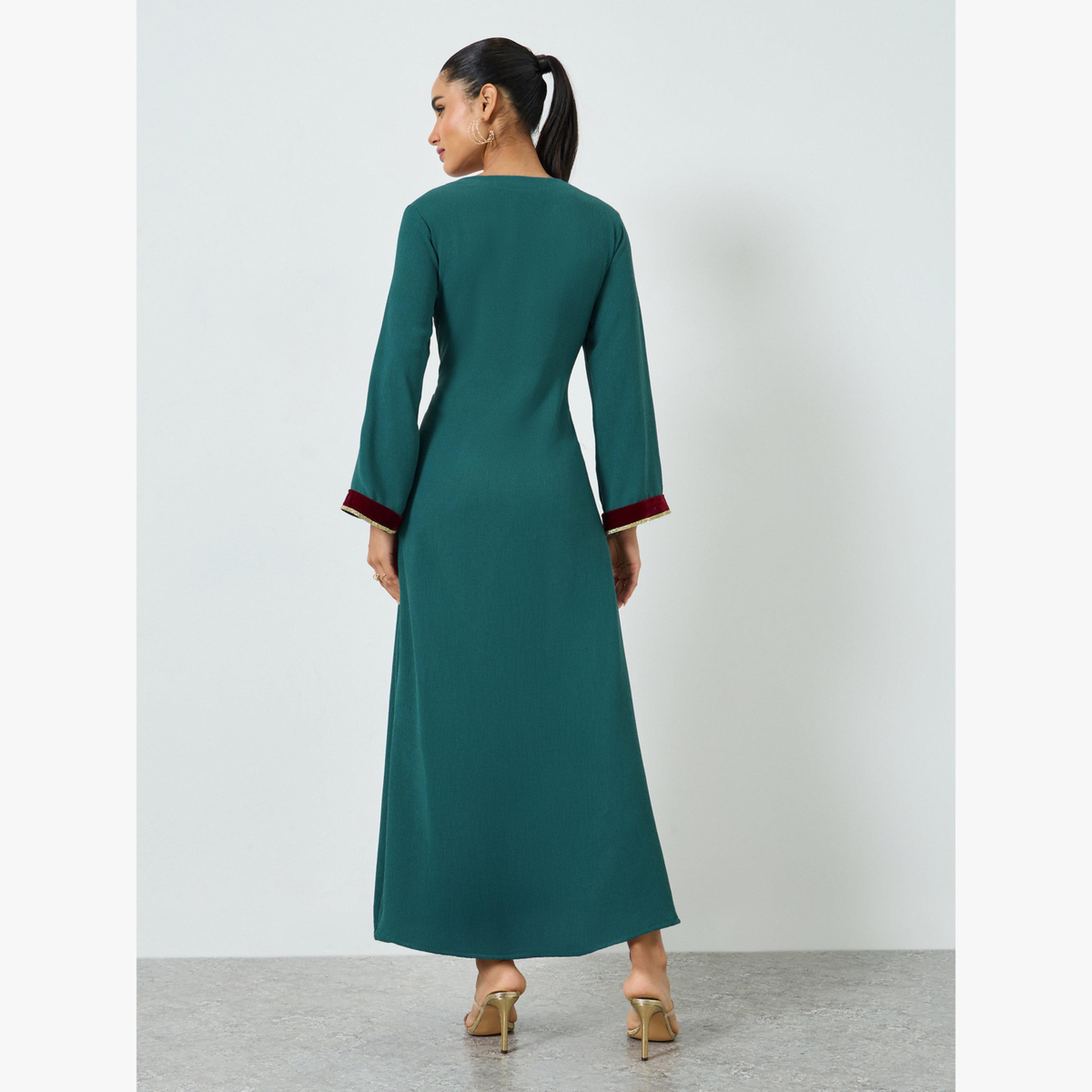 Maxim Creation Green Pleated Long Sleeve A-Line Jalabiya-women-arabicclothing-jalabiyas-image-4