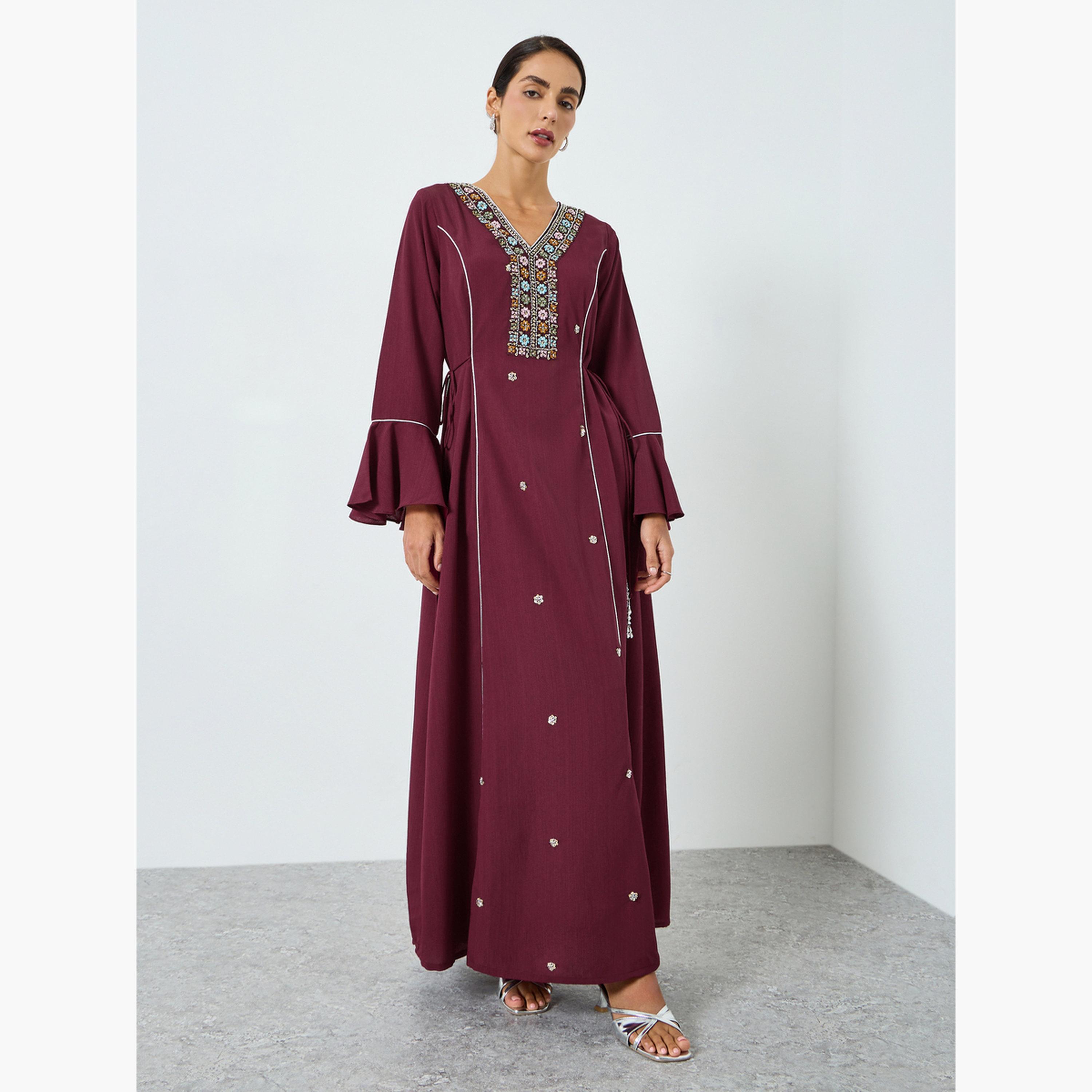 Maxim Creation Dark Wine Embroidered A-Line Jalabiya-women-arabicclothing-jalabiyas-image-1