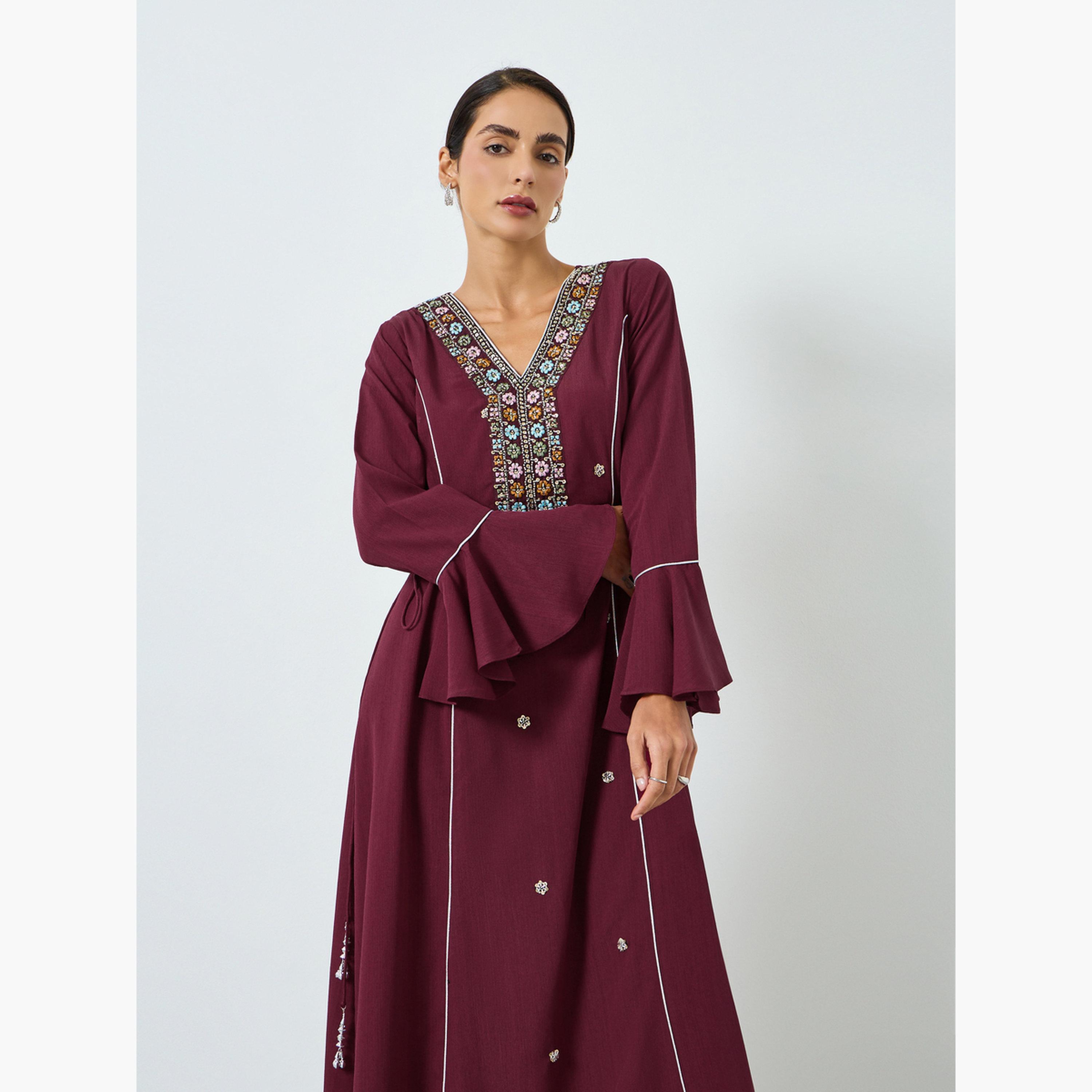 Maxim Creation Dark Wine Embroidered A-Line Jalabiya-women-arabicclothing-jalabiyas-image-3