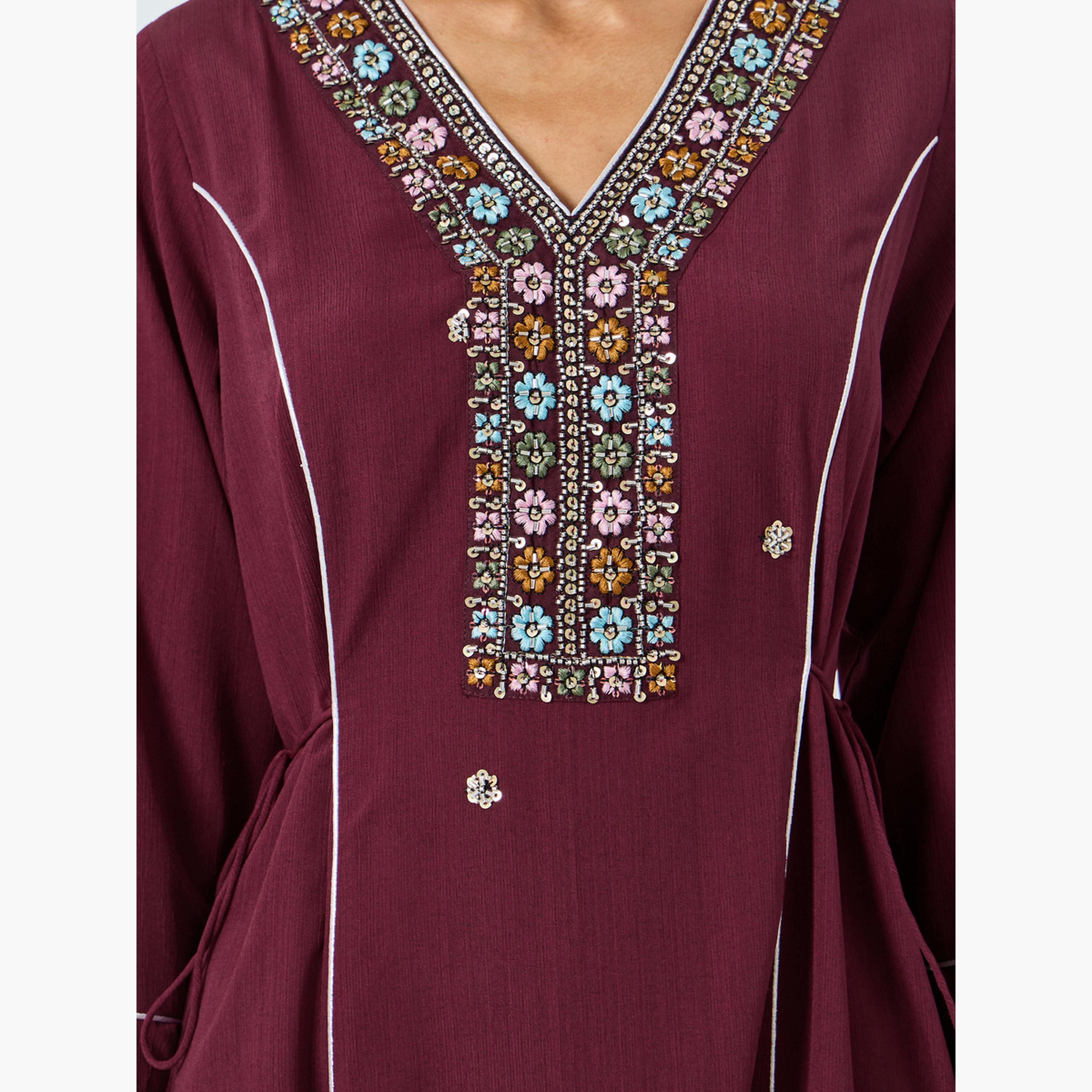 Maxim Creation Dark Wine Embroidered A-Line Jalabiya-women-arabicclothing-jalabiyas-image-4