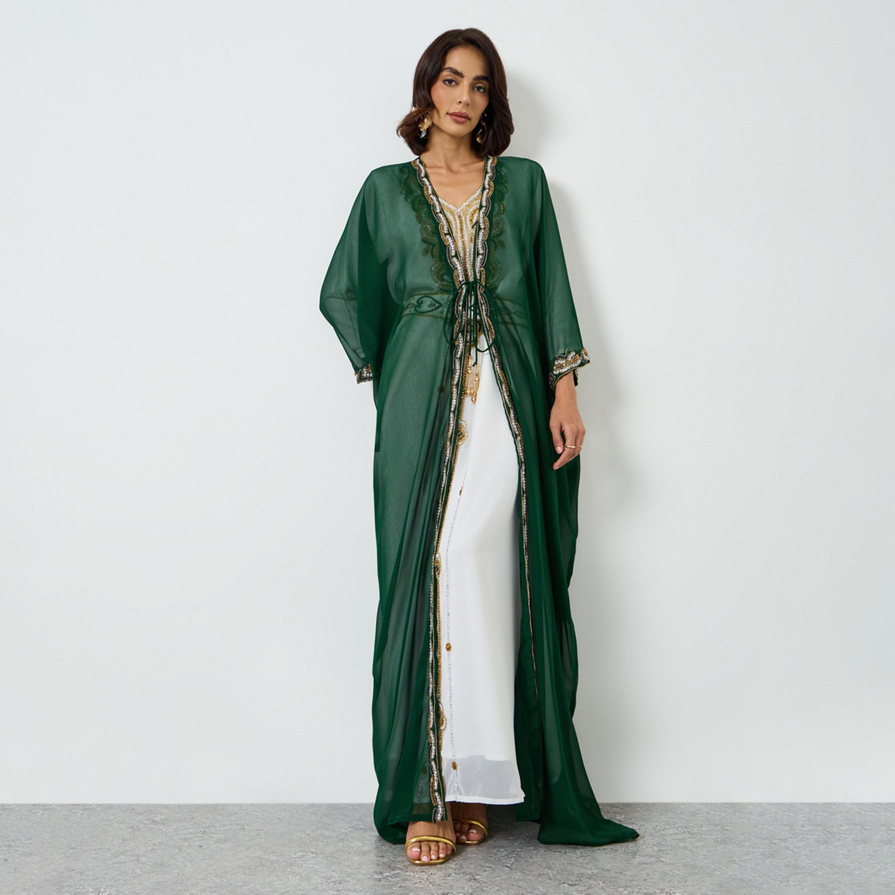 Maxim Creation X Styli Green Beaded Hand Embroidery Kaftan with  Inner Maxi Dress-women-arabicclothing-kaftan-image-1