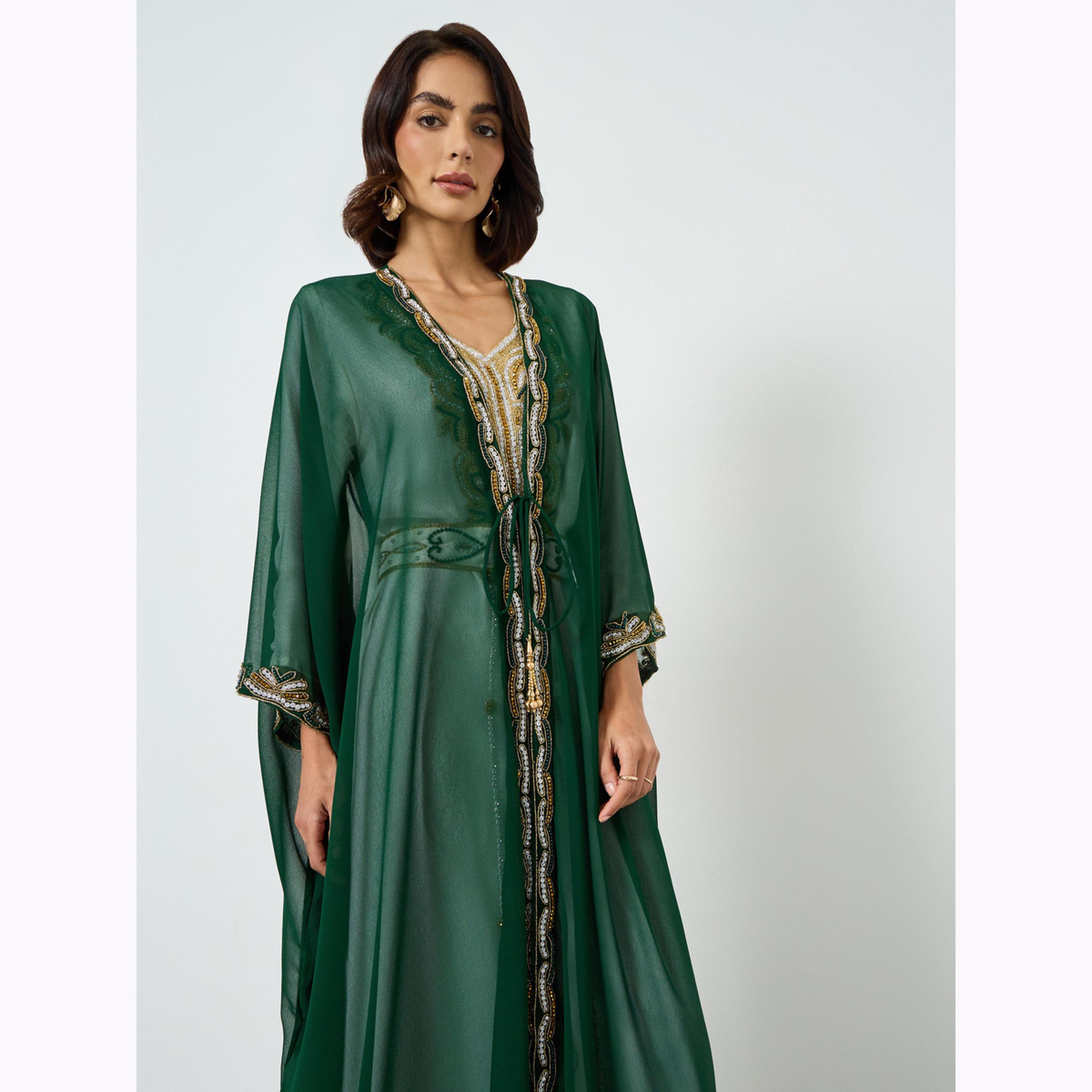 Maxim Creation X Styli Green Beaded Hand Embroidery Kaftan with  Inner Maxi Dress-women-arabicclothing-kaftan-image-2