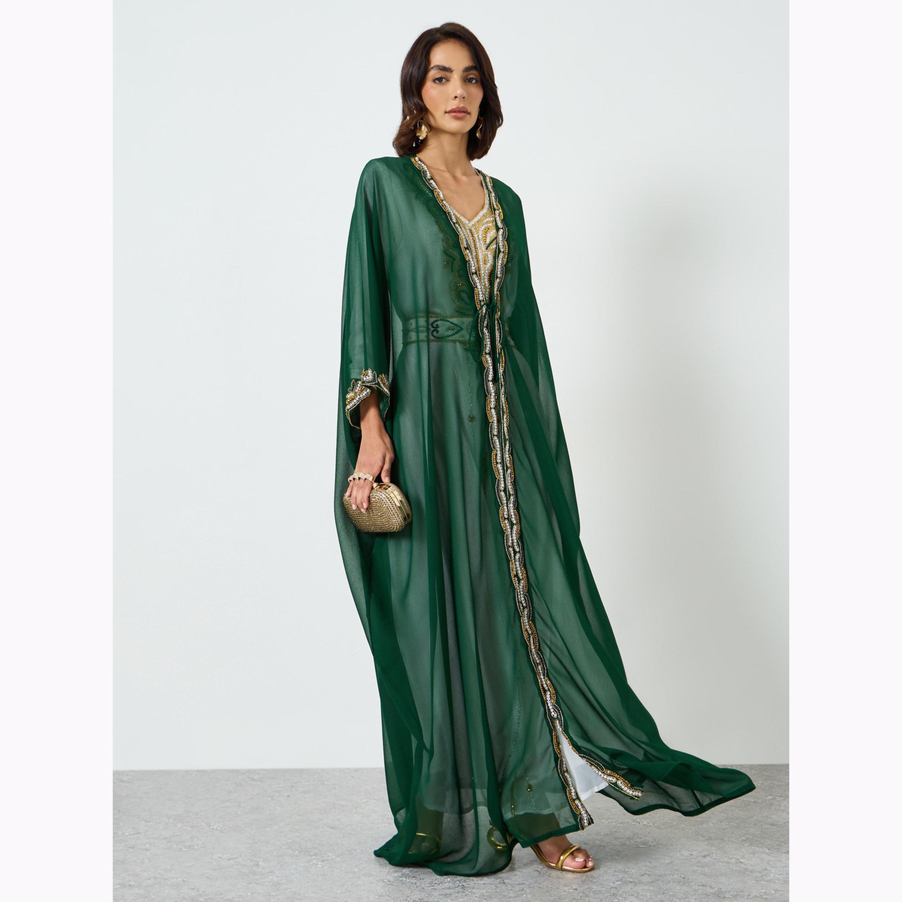 Maxim Creation X Styli Green Beaded Hand Embroidery Kaftan with  Inner Maxi Dress-women-arabicclothing-kaftan-image-3