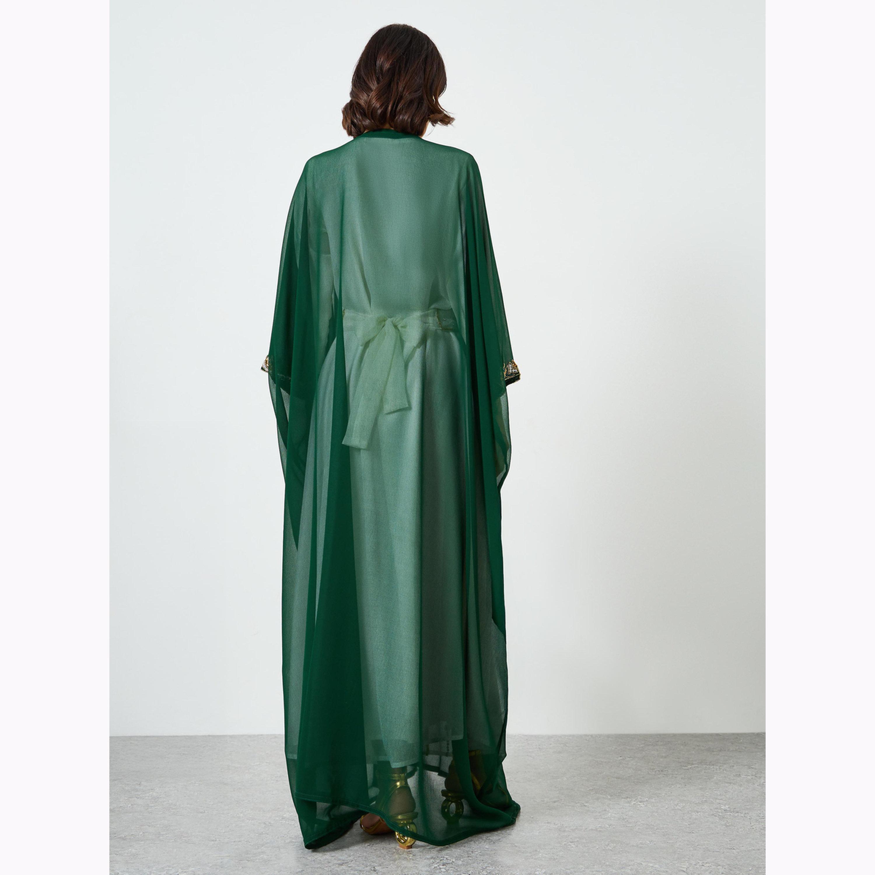 Maxim Creation X Styli Green Beaded Hand Embroidery Kaftan with  Inner Maxi Dress-women-arabicclothing-kaftan-image-4