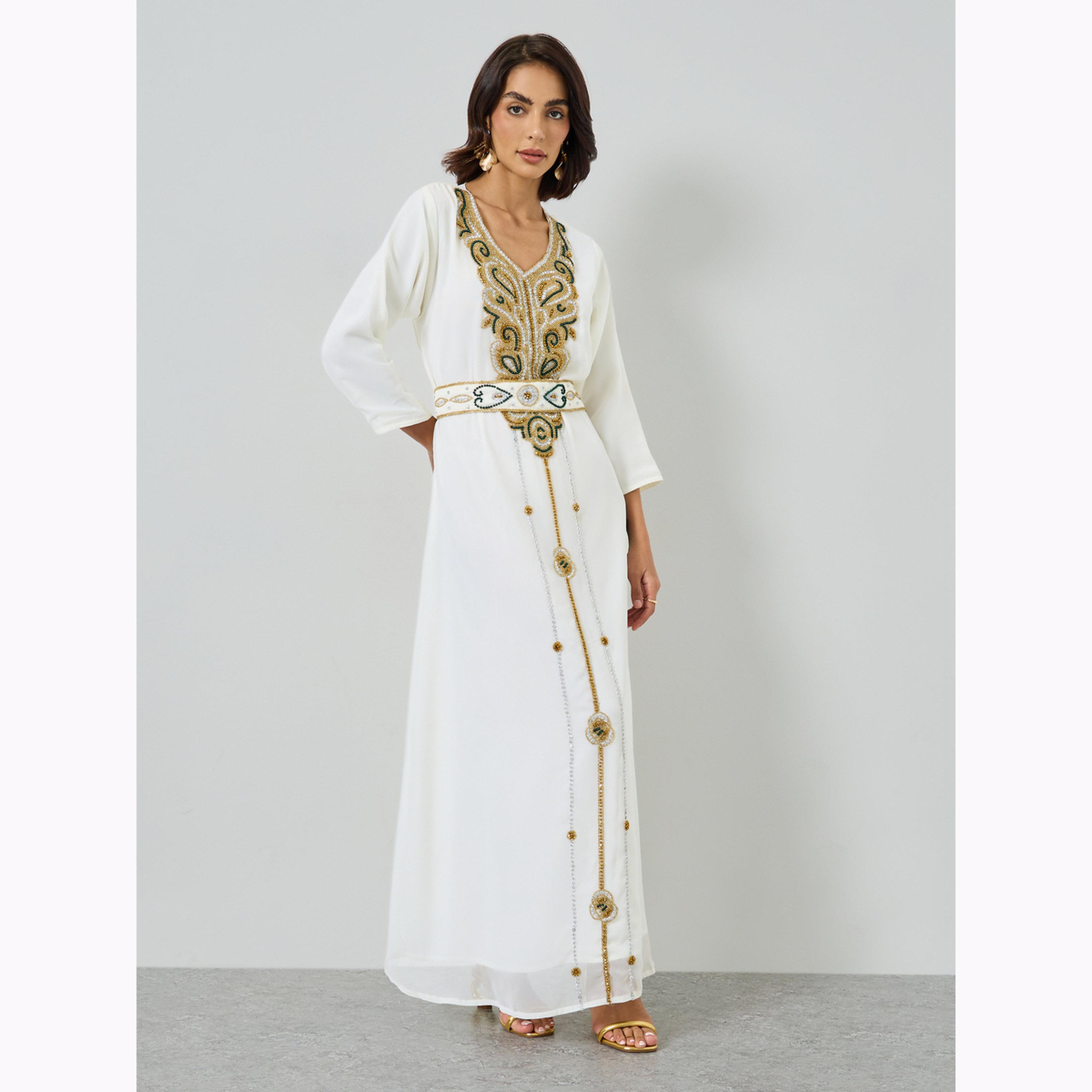 Maxim Creation X Styli Green Beaded Hand Embroidery Kaftan with  Inner Maxi Dress-women-arabicclothing-kaftan-image-5