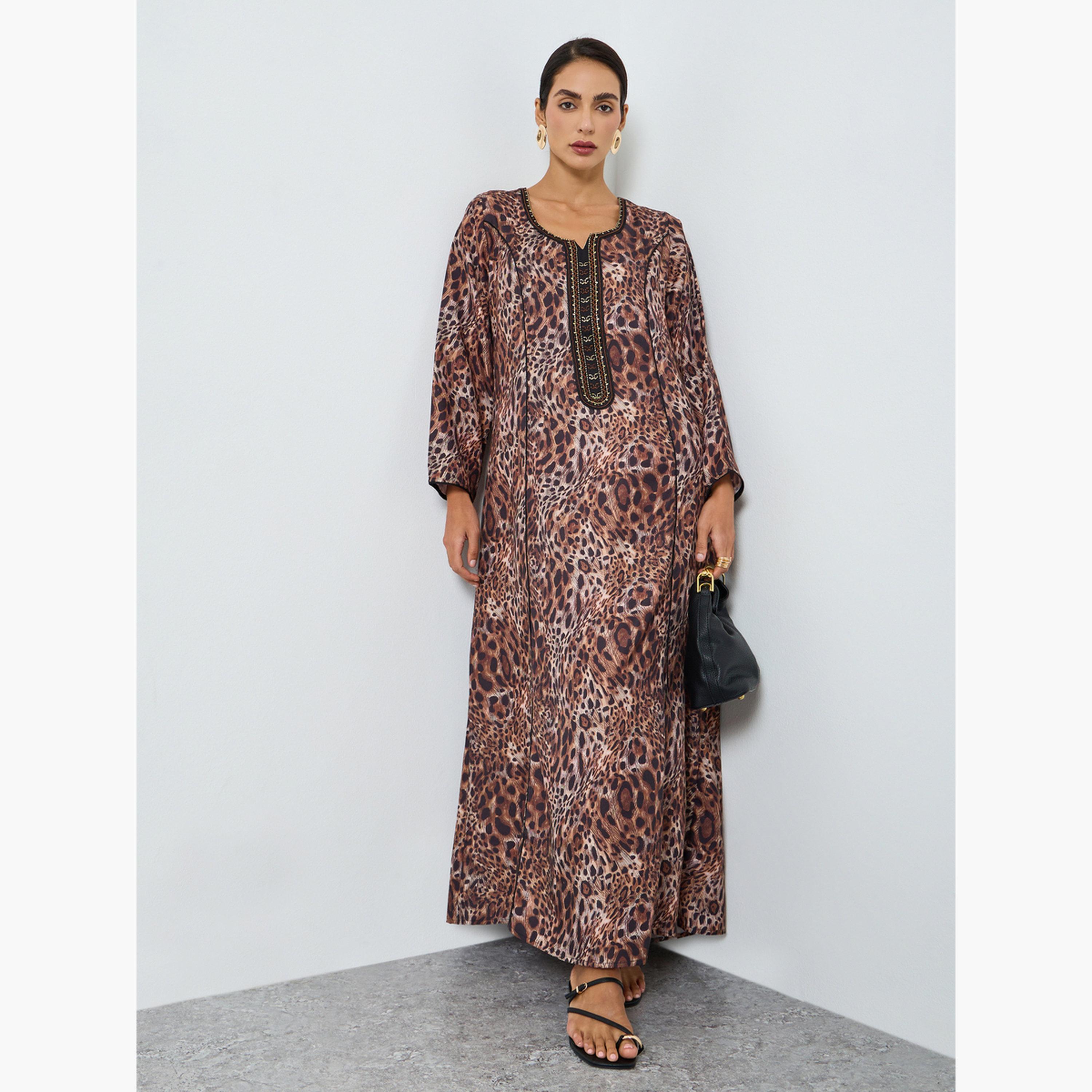 Maxim Creation Women Leopard Print Embroidered A-Line Jalabiya-women-arabicclothing-jalabiyas-image-1