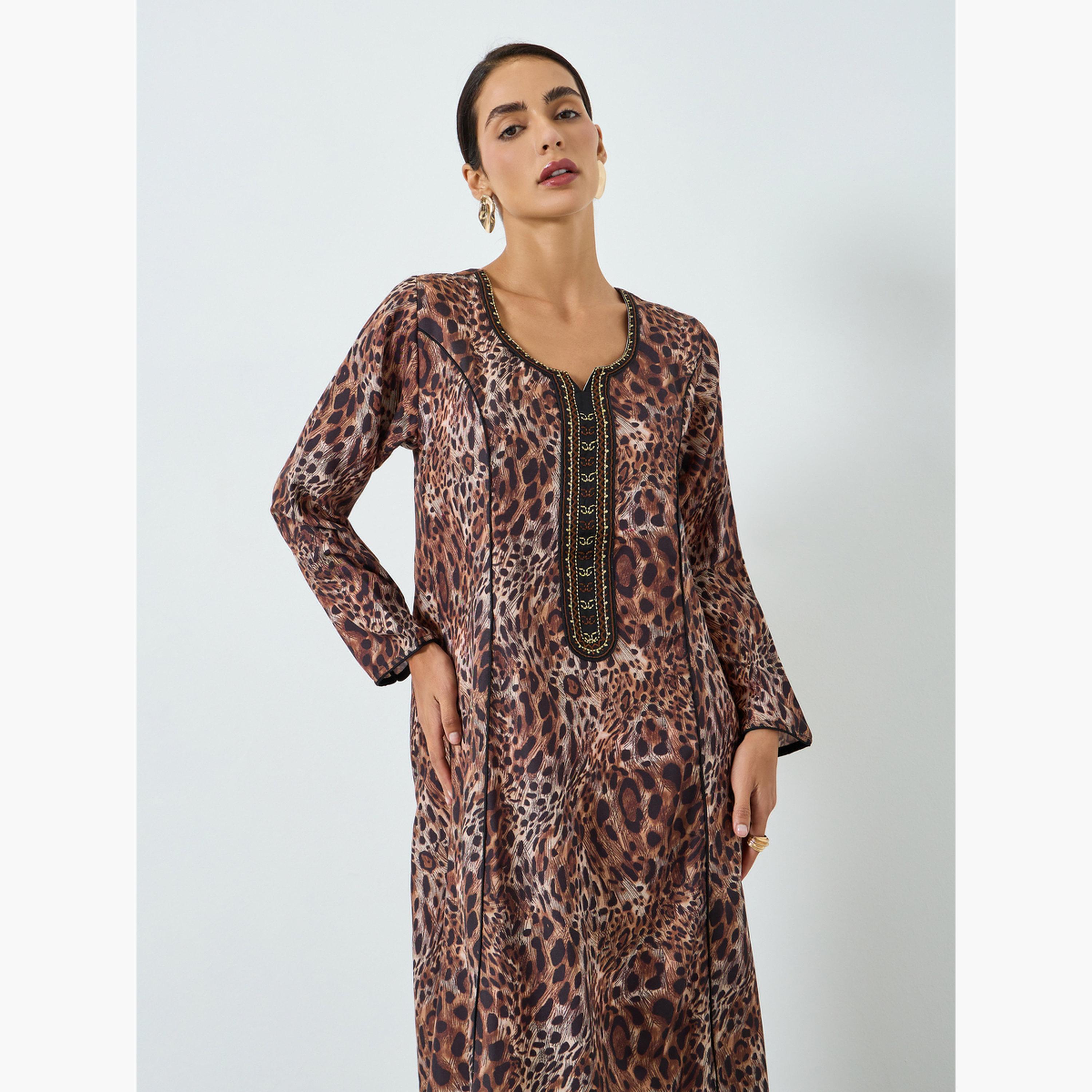 Maxim Creation Women Leopard Print Embroidered A-Line Jalabiya-women-arabicclothing-jalabiyas-image-2