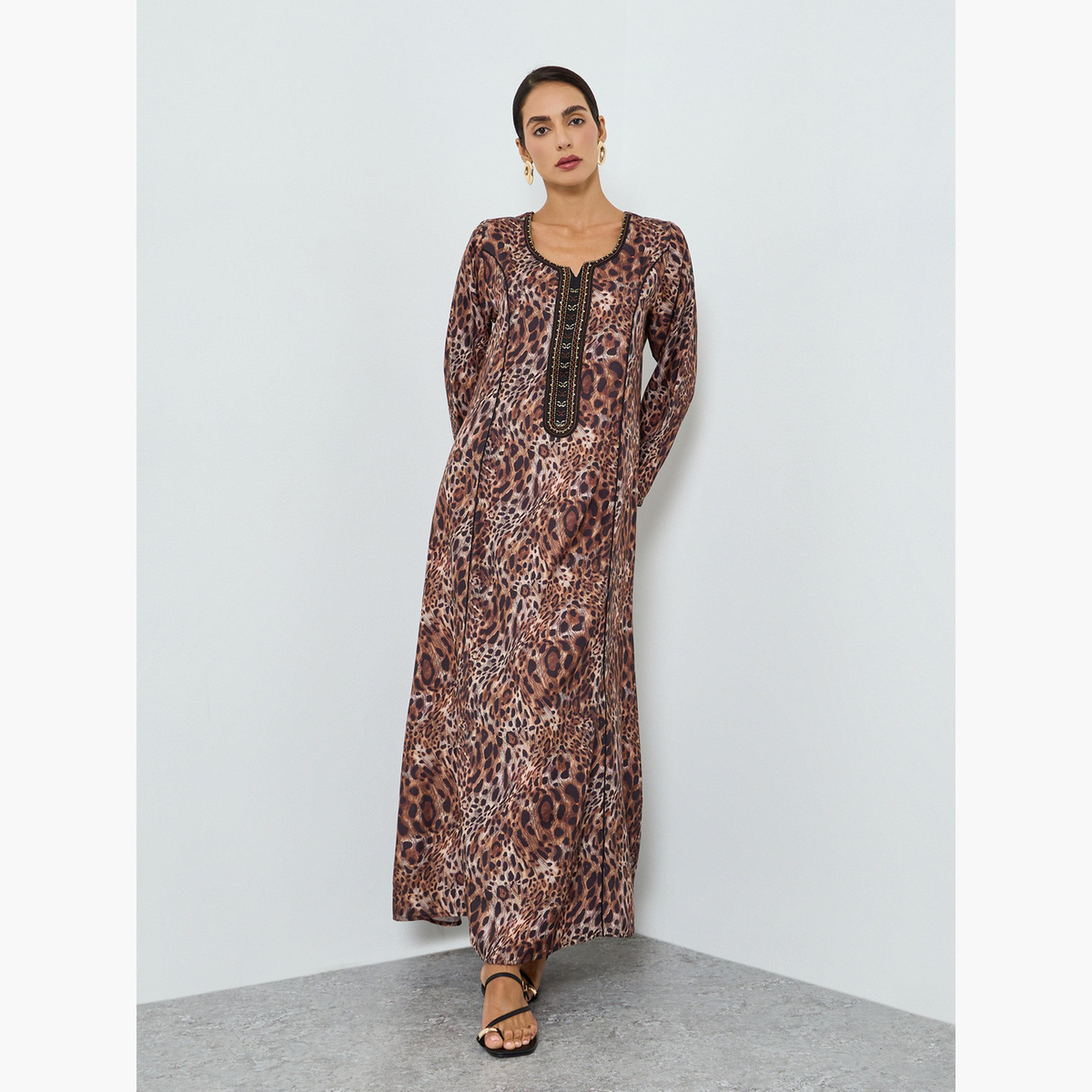 جلابية مطرزة بطبعة جلد الفهد وحافة واسعة للنساء-women-arabicclothing-jalabiyas-image-3